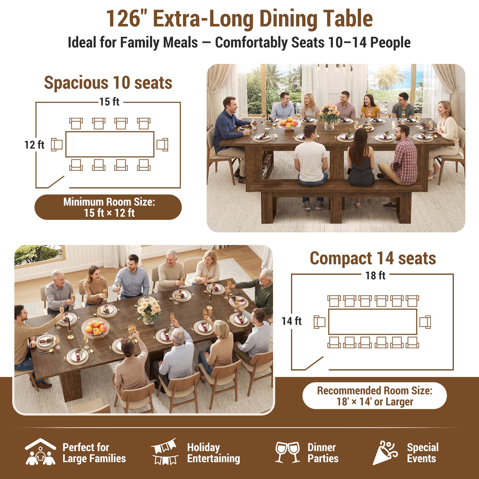 126" Extra Long Dining Table for 10-14 People, Large Farmhouse Kitchen Table w/ Storage Base, Heavy Duty Rustic Walnut Wood Grain Rectangular Dinner Table for Family Gathering & Holiday Entertaining