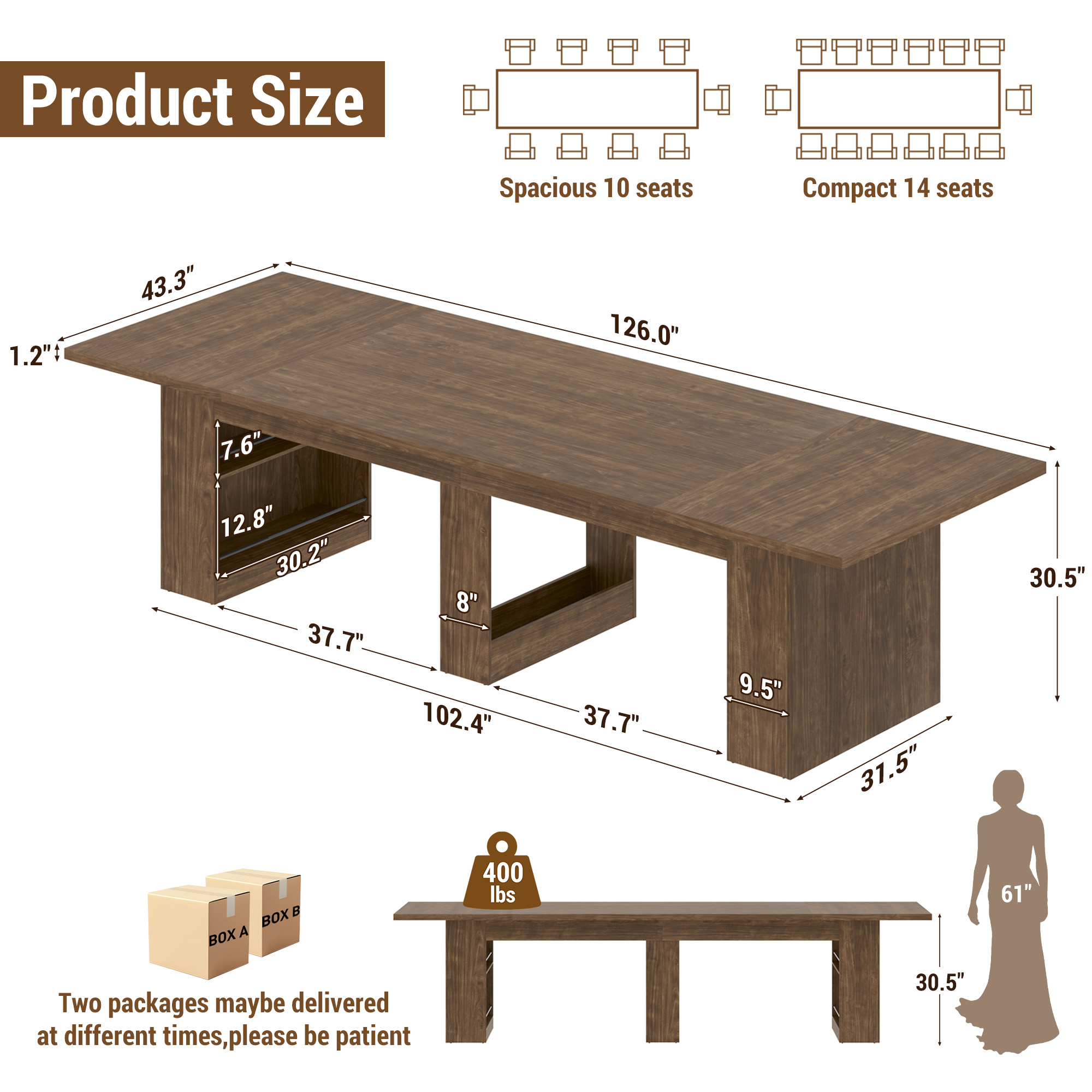126" Extra Long Dining Table for 10-14 People, Large Farmhouse Kitchen Table w/ Storage Base, Heavy Duty Rustic Walnut Wood Grain Rectangular Dinner Table for Family Gathering & Holiday Entertaining