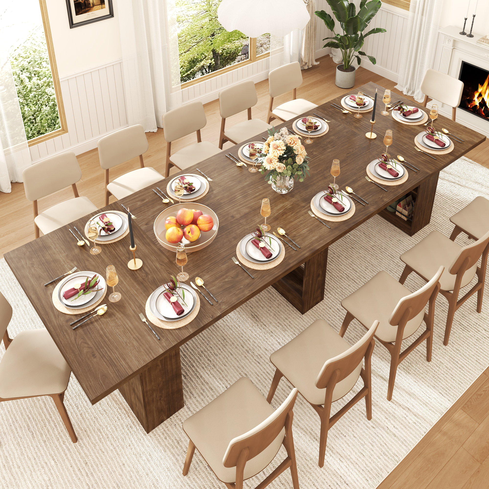 126" Extra Long Dining Table for 10-14 People, Large Farmhouse Kitchen Table w/ Storage Base, Heavy Duty Rustic Walnut Wood Grain Rectangular Dinner Table for Family Gathering & Holiday Entertaining