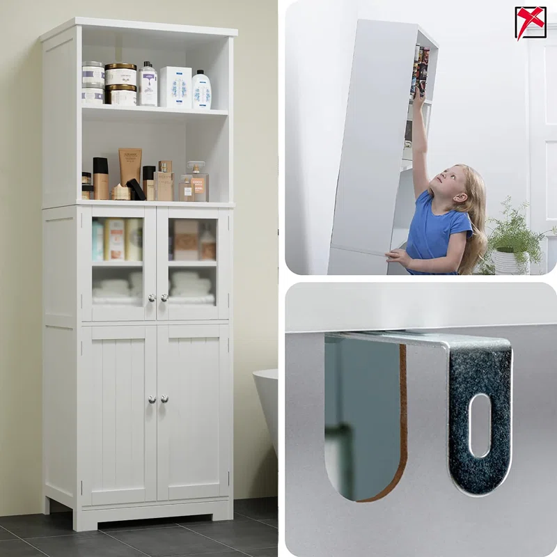 Blotout 64" White Tall Bathroom Cabinet, 6 Shelf Morden Bathroom Storage Cabinet with 4 Doors/Adjustable Shelf,Floor Freestanding Cabinet for Bathroom,Kitchen,Living Room