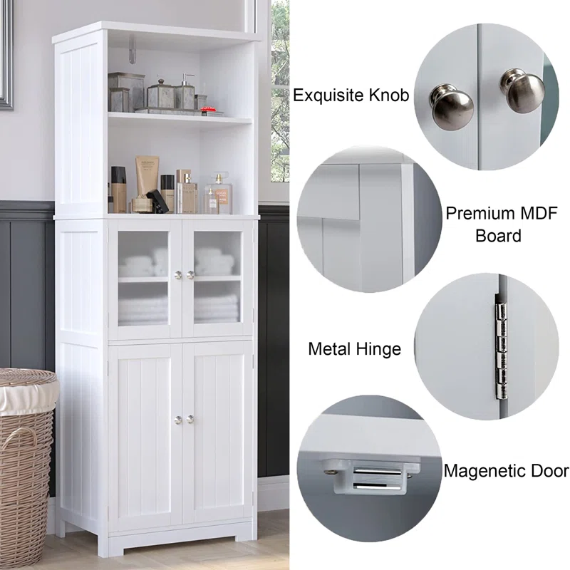 Blotout 64" White Tall Bathroom Cabinet, 6 Shelf Morden Bathroom Storage Cabinet with 4 Doors/Adjustable Shelf,Floor Freestanding Cabinet for Bathroom,Kitchen,Living Room