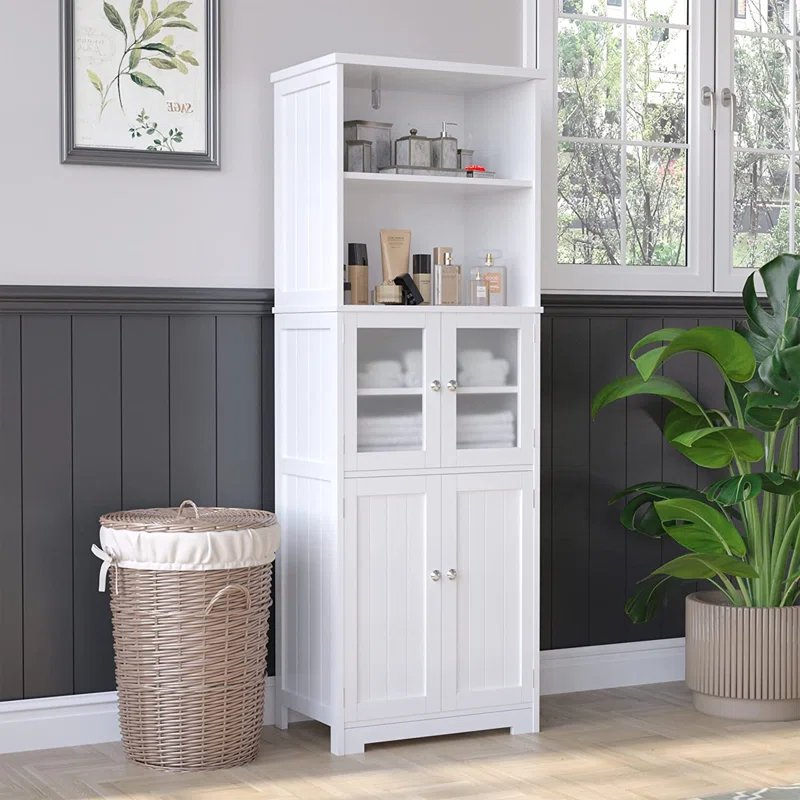 Blotout 64" White Tall Bathroom Cabinet, 6 Shelf Morden Bathroom Storage Cabinet with 4 Doors/Adjustable Shelf,Floor Freestanding Cabinet for Bathroom,Kitchen,Living Room