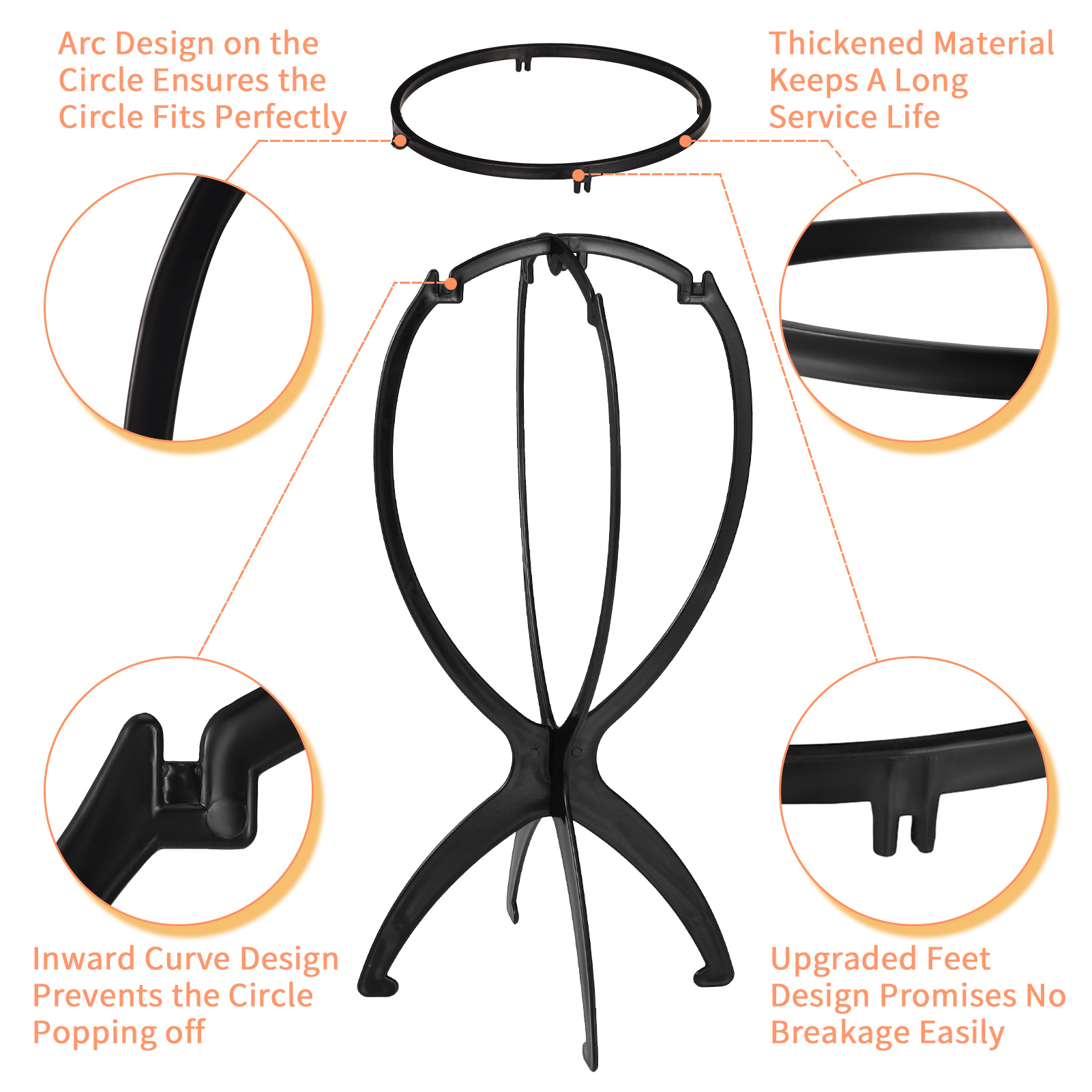 Abaima 3 Pcs Wig Stand Portable,13.4 Inch Collapsible Wig Stand Holder,Durable Black Wig Display Tool Travel Wig Drying Stand for All Wigs and Caps(Black)