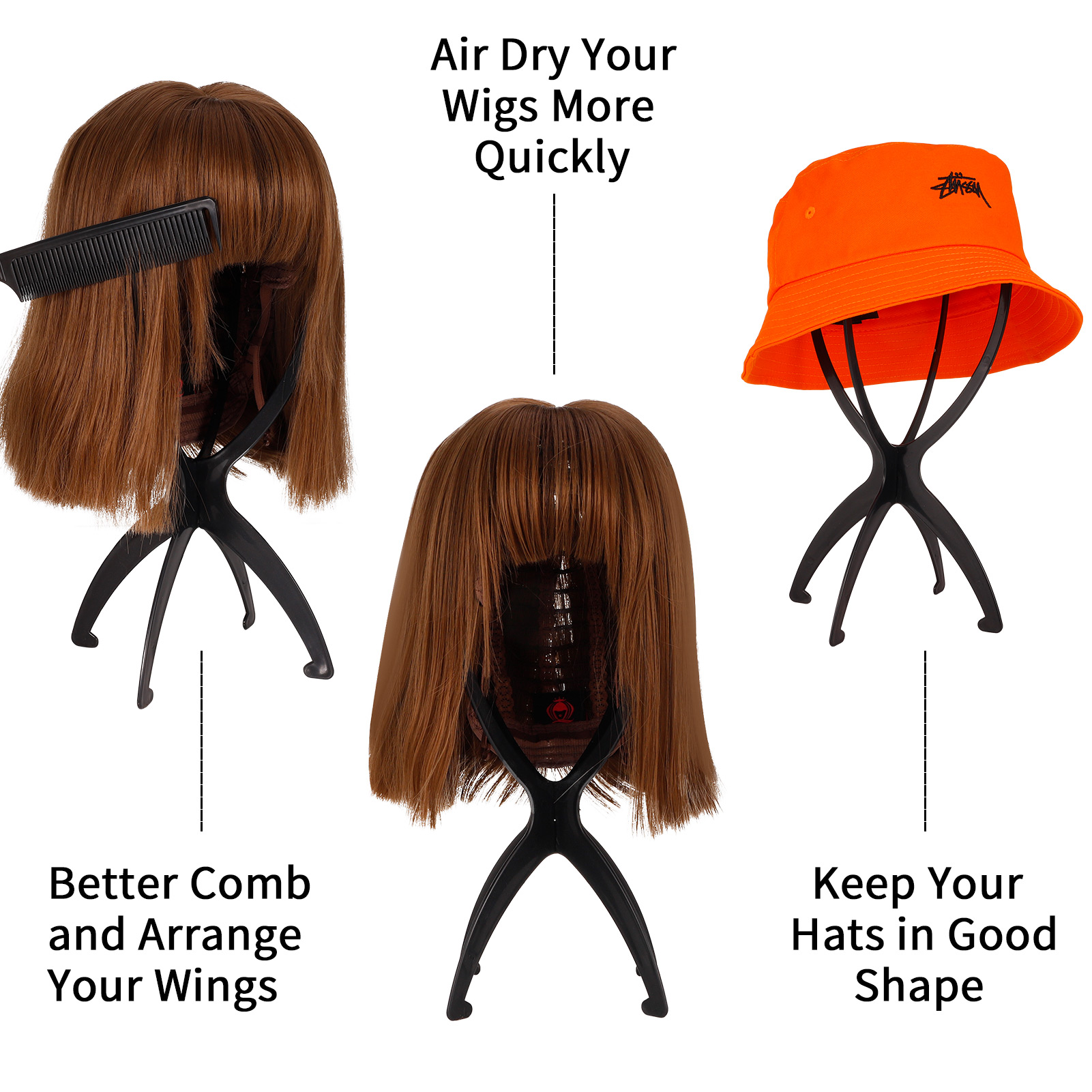 Abaima 3 Pcs Wig Stand Portable,13.4 Inch Collapsible Wig Stand Holder,Durable Black Wig Display Tool Travel Wig Drying Stand for All Wigs and Caps(Black)