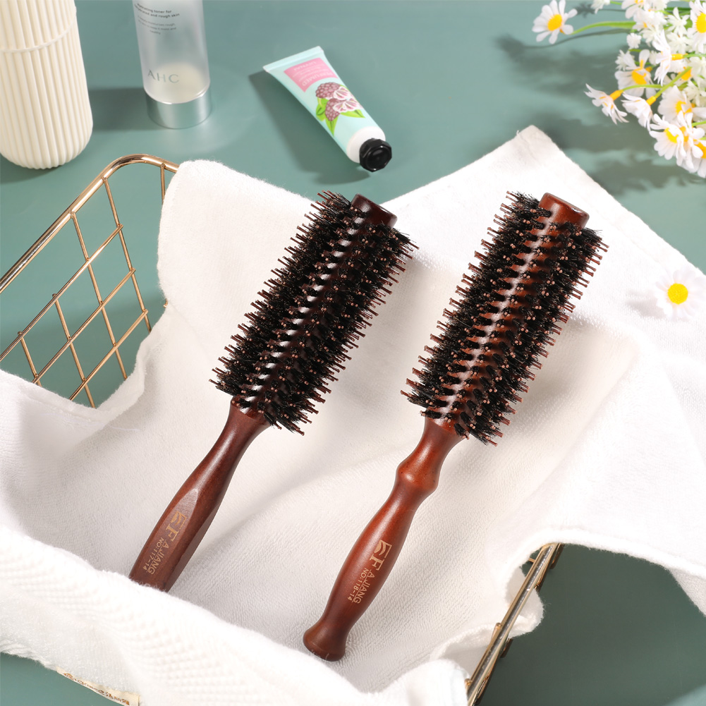 Topekada 2 Pack Round Hair Brush For Men Women,Boar Bristle Hair Brush,Small Round Hair Brush Anti Static,Ergonomic Wooden Hair Brush For Hair Drying,Styling,Curling(2 Brush)