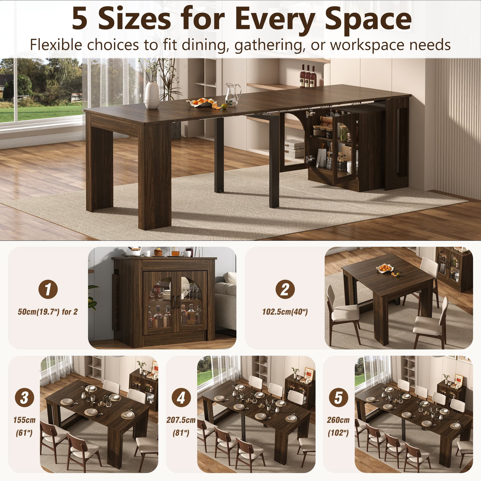 10.2"-101" Extendable Dining Table with Storage Cabinet for 2-10 People, Multifunctional Folding Dining Table