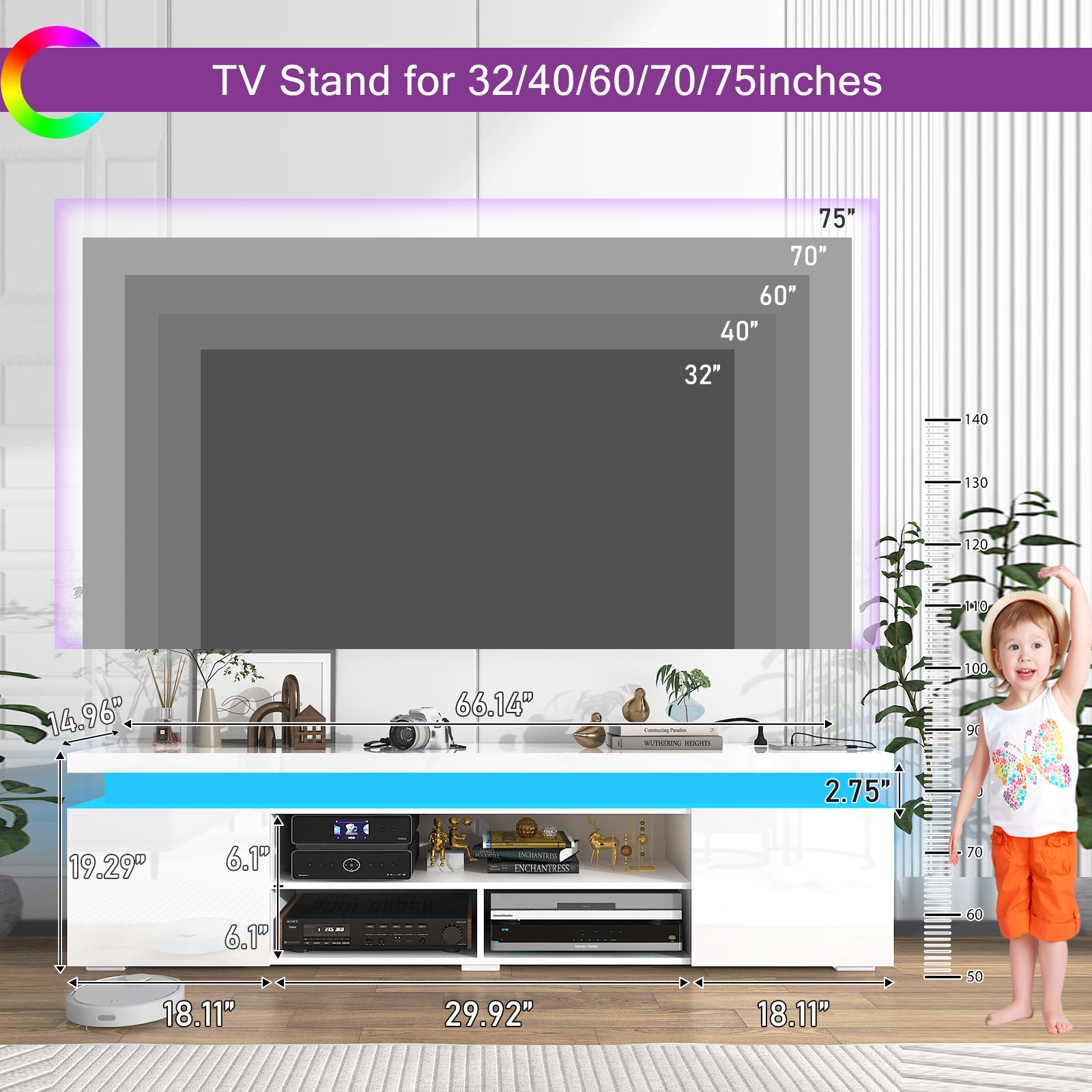 66" LED TV Stand for TVs up to 75" with Power Outlet & LED Lights