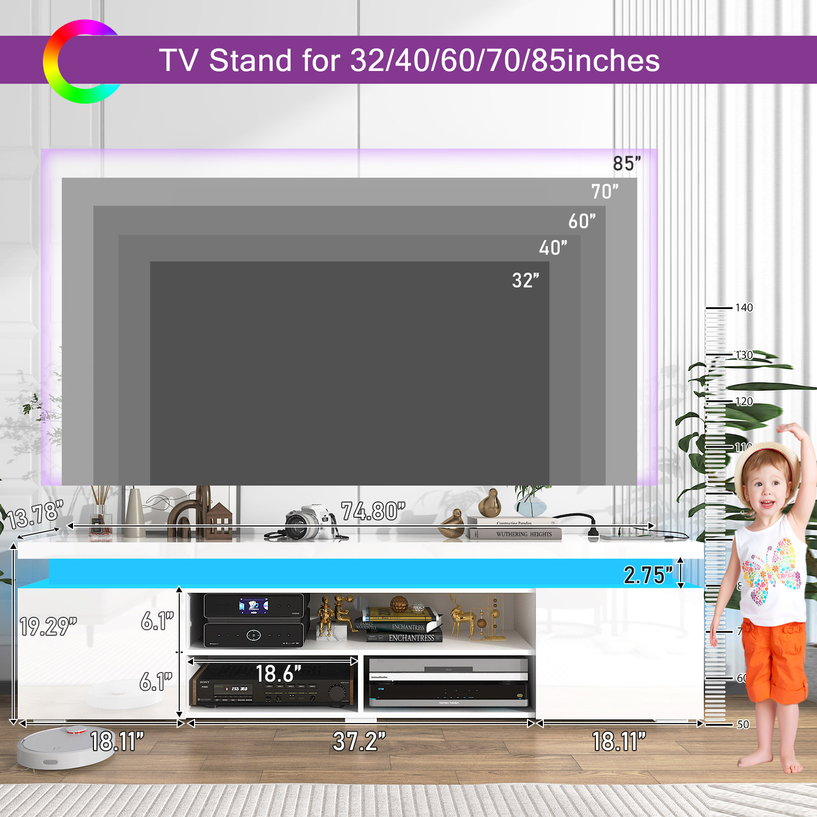 Blotout LED TV Stand for 75 Inch TV, Modern TV Stand with Power Outlet, High Gloss TV Console Entertainment Center with Storage and LED Lights for Living Room, Bedroom (75 Inch, White)