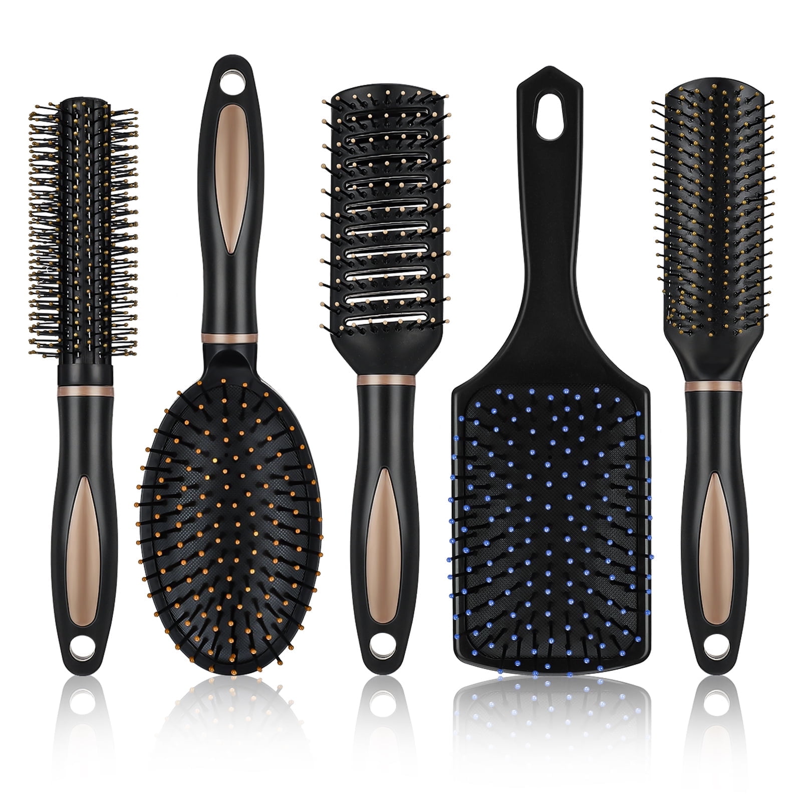 Topekada 5 Pcs Paddle Hair Brush Comb Set,Detangling Hairbrush Anti Static Massage Oval Comb Hair Styling Tools for Women Men Kid All Wet or Dry Hair(Black), round