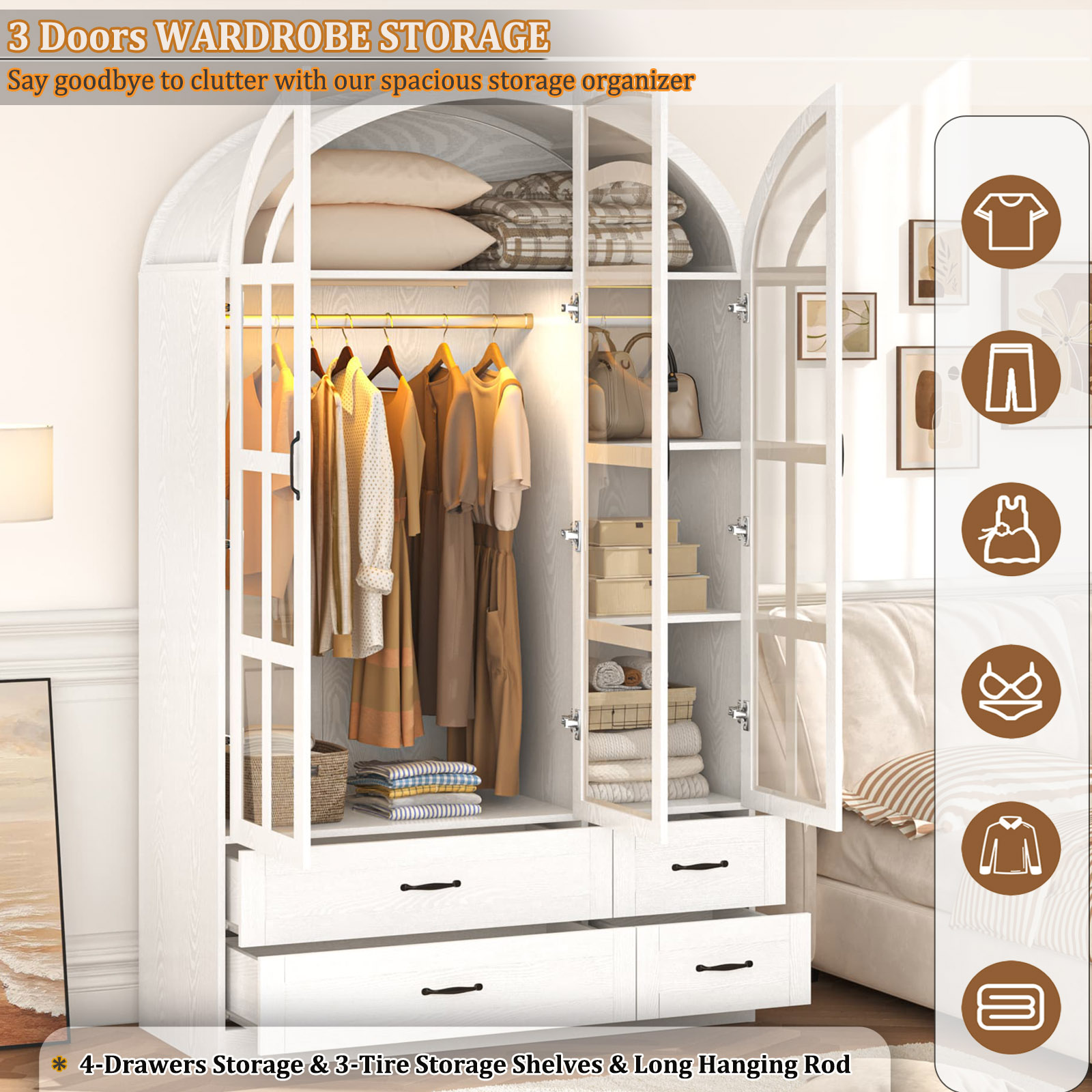 3-Door Arched Armoire Wardrobe with LED Light & Glass Doors
