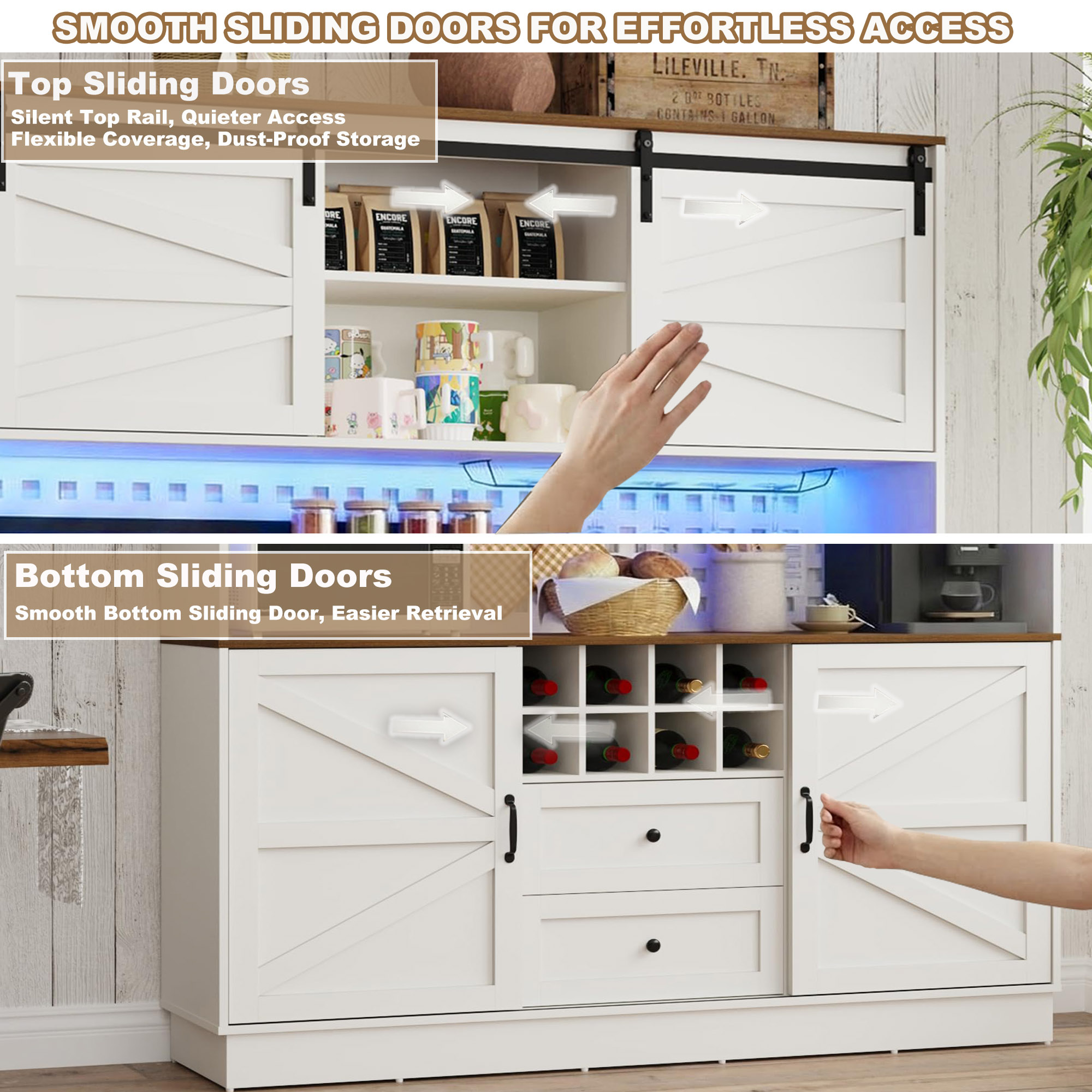 75"H 63"W Farmhouse Pantry Cabinet with Hutch & Power Outlet Pegboard