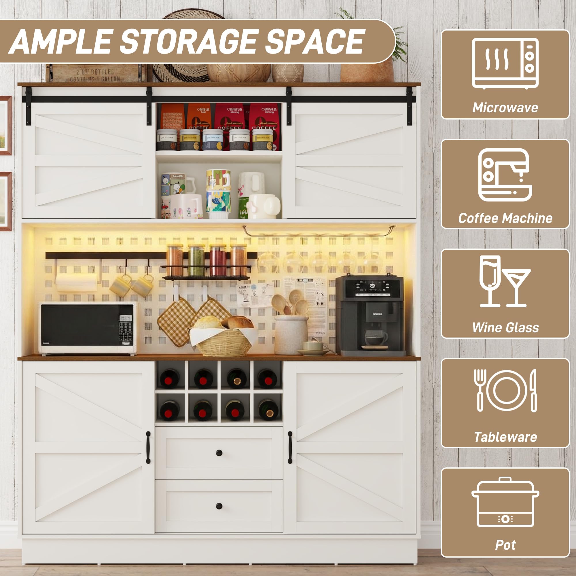 75"H 63"W Farmhouse Pantry Cabinet with Hutch & Power Outlet Pegboard