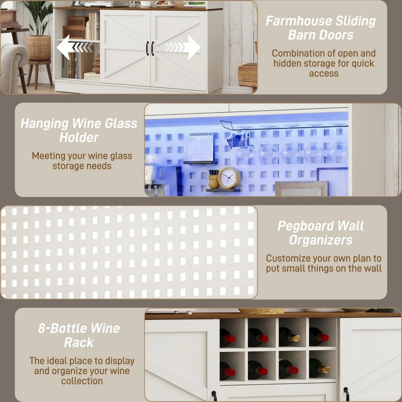 75"H 63"W Farmhouse Pantry Cabinet with Hutch & Power Outlet Pegboard