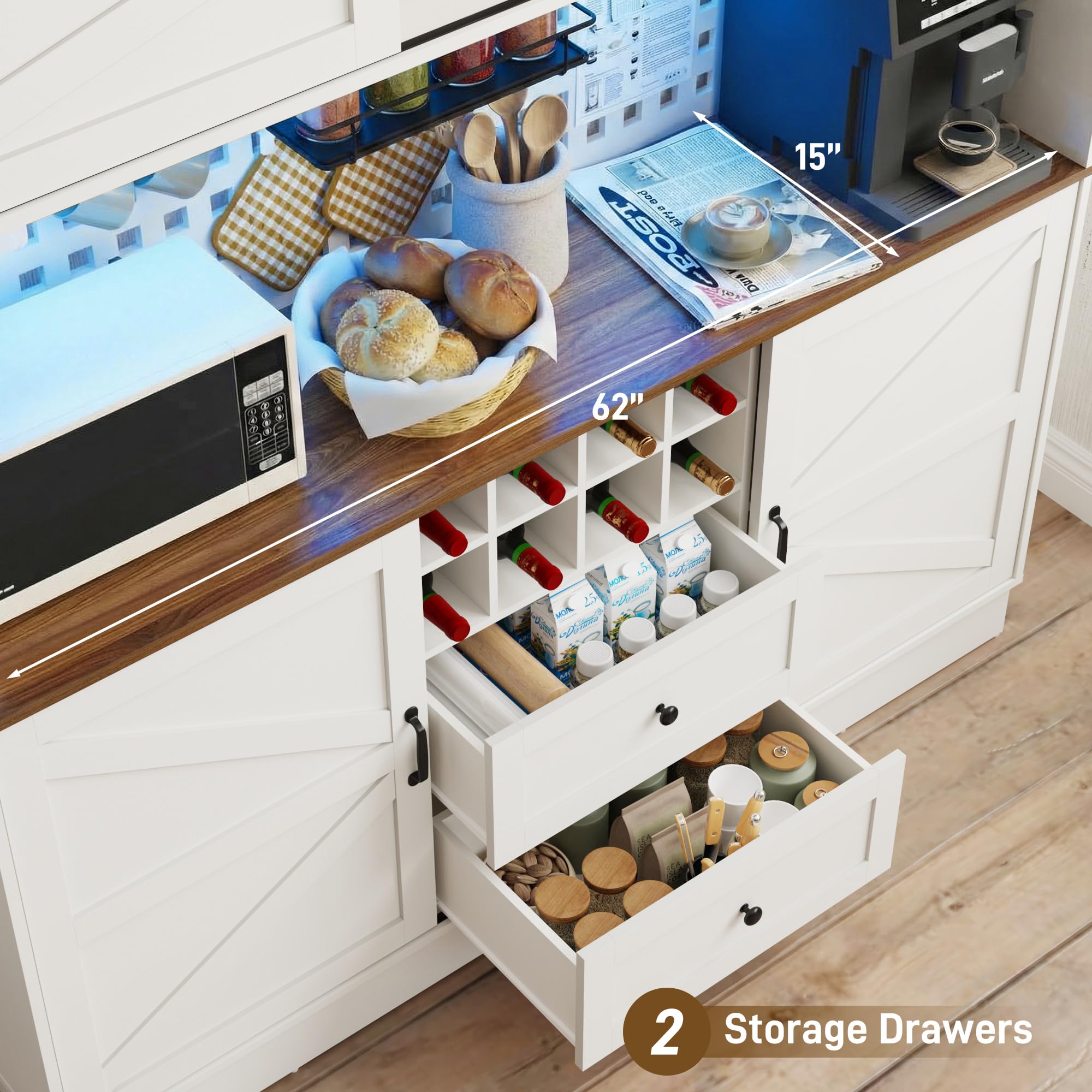 75"H 63"W Farmhouse Pantry Cabinet with Hutch & Power Outlet Pegboard
