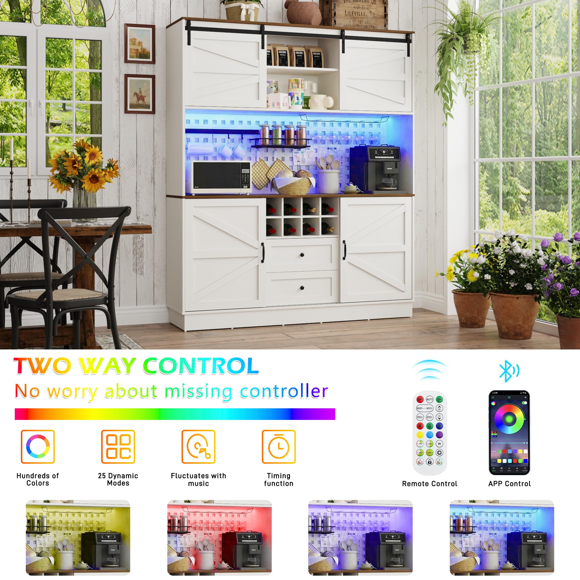75"H 63"W Farmhouse Pantry Cabinet with Hutch & Power Outlet Pegboard