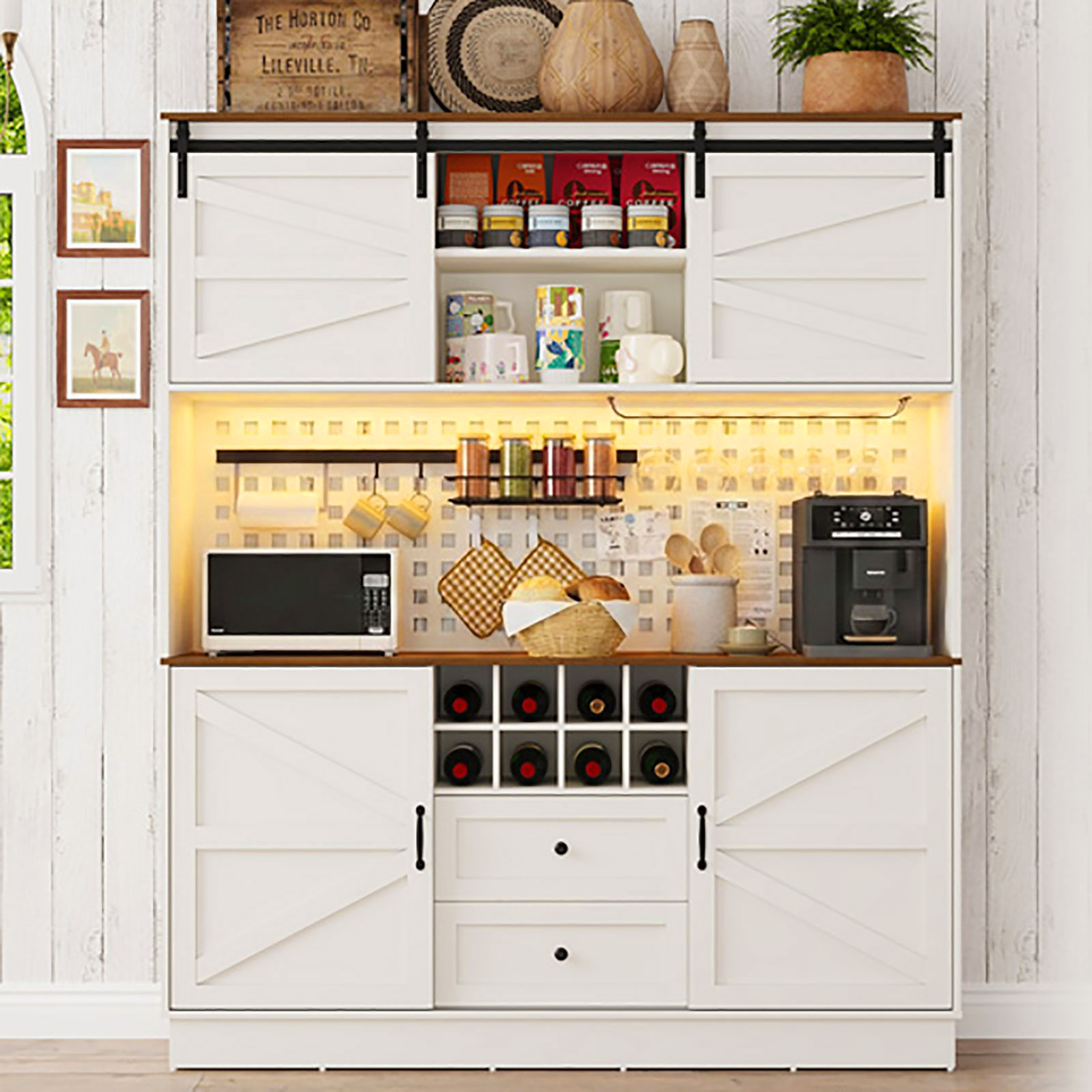 75"H 63"W Farmhouse Pantry Cabinet with Hutch & Power Outlet Pegboard