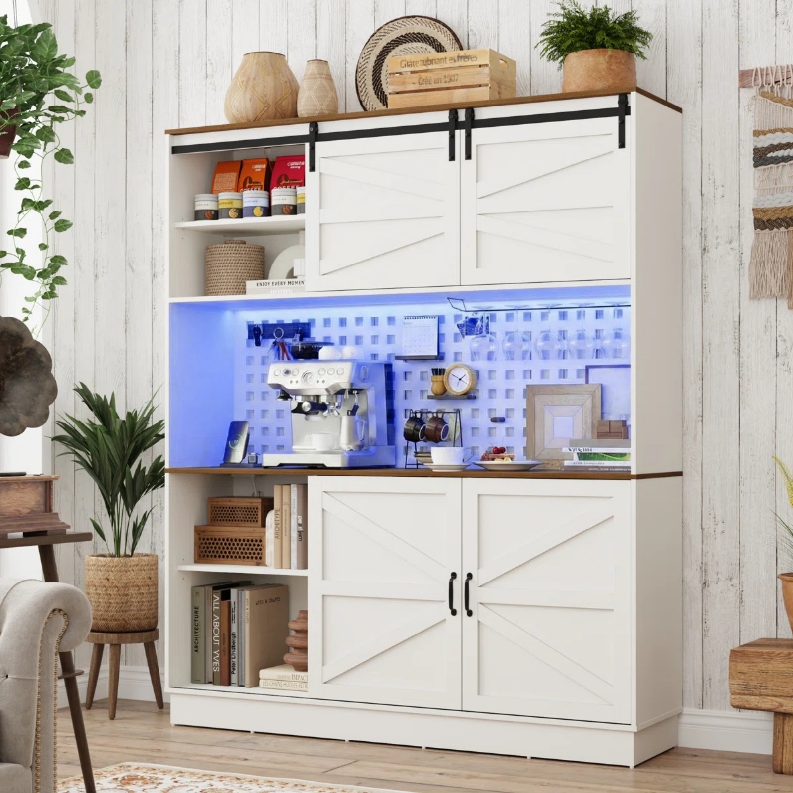 75"H 63"W Farmhouse Pantry Cabinet with Hutch & Power Outlet Pegboard