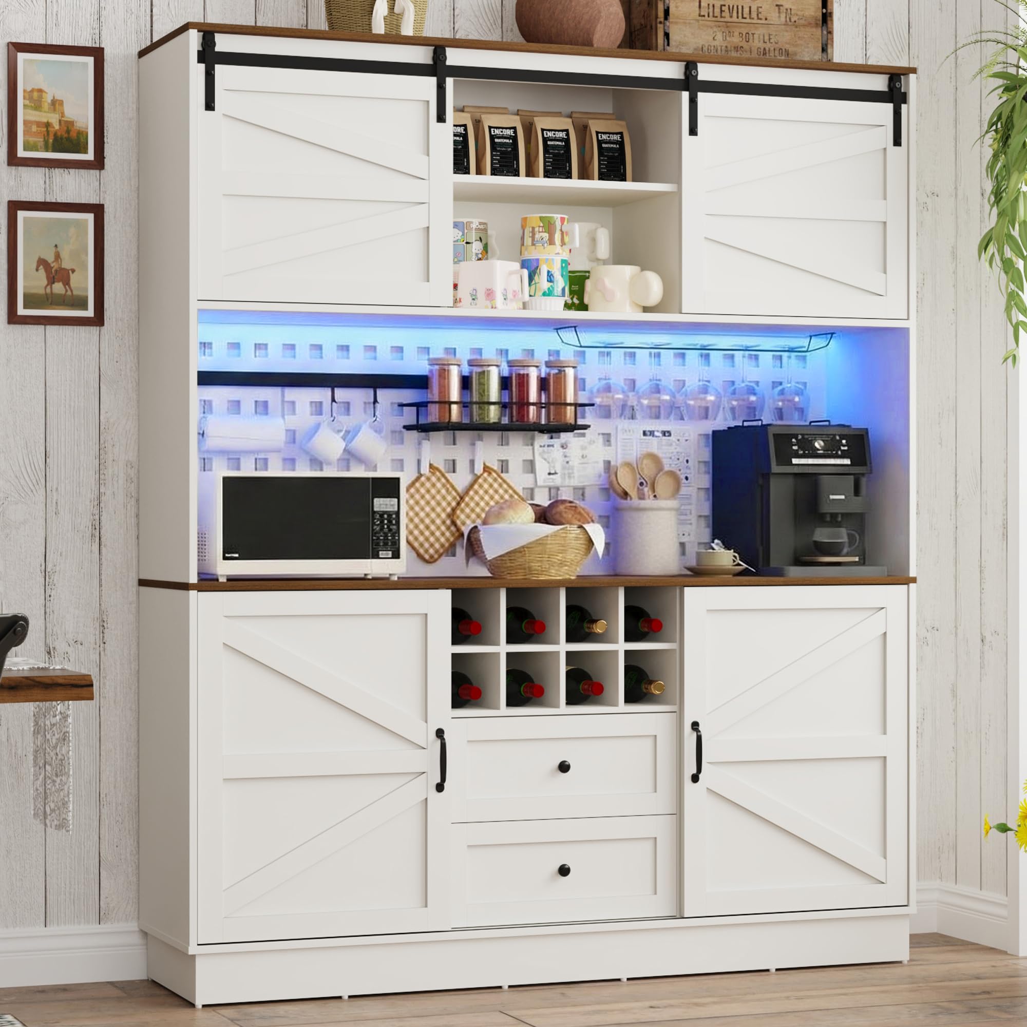 75"H 63"W Farmhouse Pantry Cabinet with Hutch & Power Outlet Pegboard