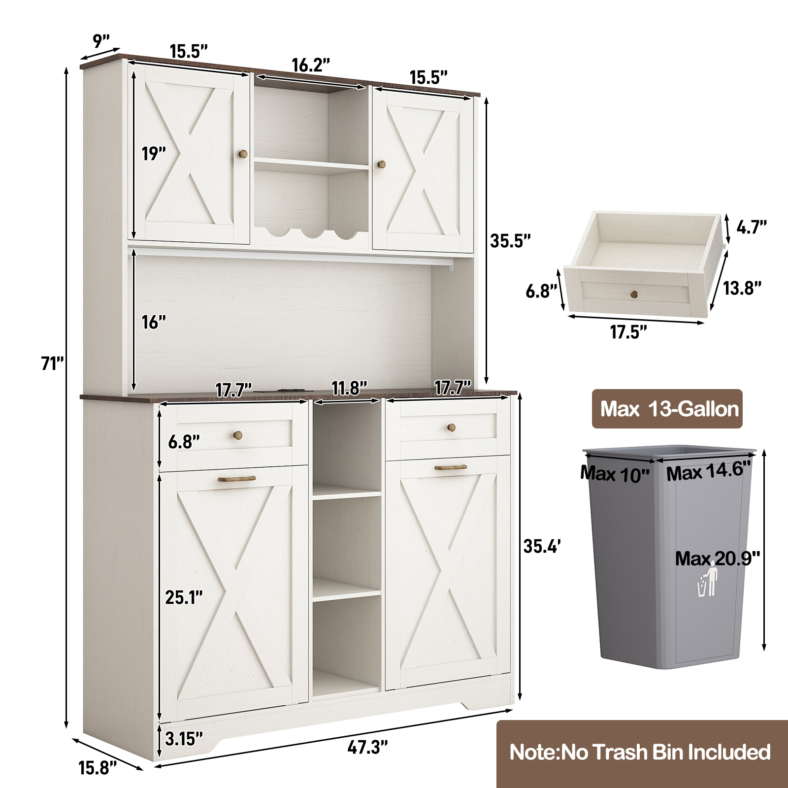 Blotout 47" Wide Kitchen Pantry Storage Cabinet with Charging Station & Microwave Stand, Tall Farmhouse Kitchen Hutch Cabinet, Double Tilt Out Trash Can Cabinet 10X2 Gallon