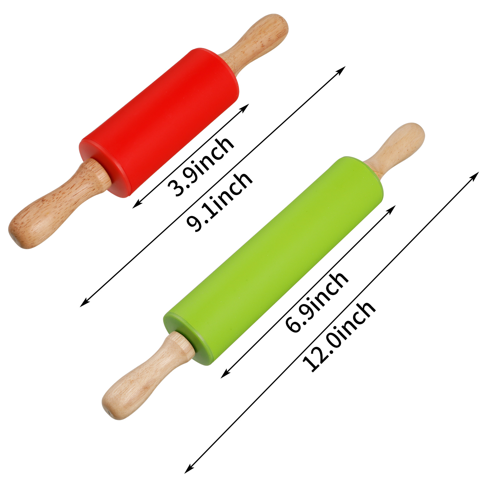 Topekada 2 Pack 12/9in Non-Stick Silicone Rolling Pins for Bake,Dough Roller for Pizza,Cookie with Wooden Handle,Nonstick Surface,2 Sizes(Green/Red)