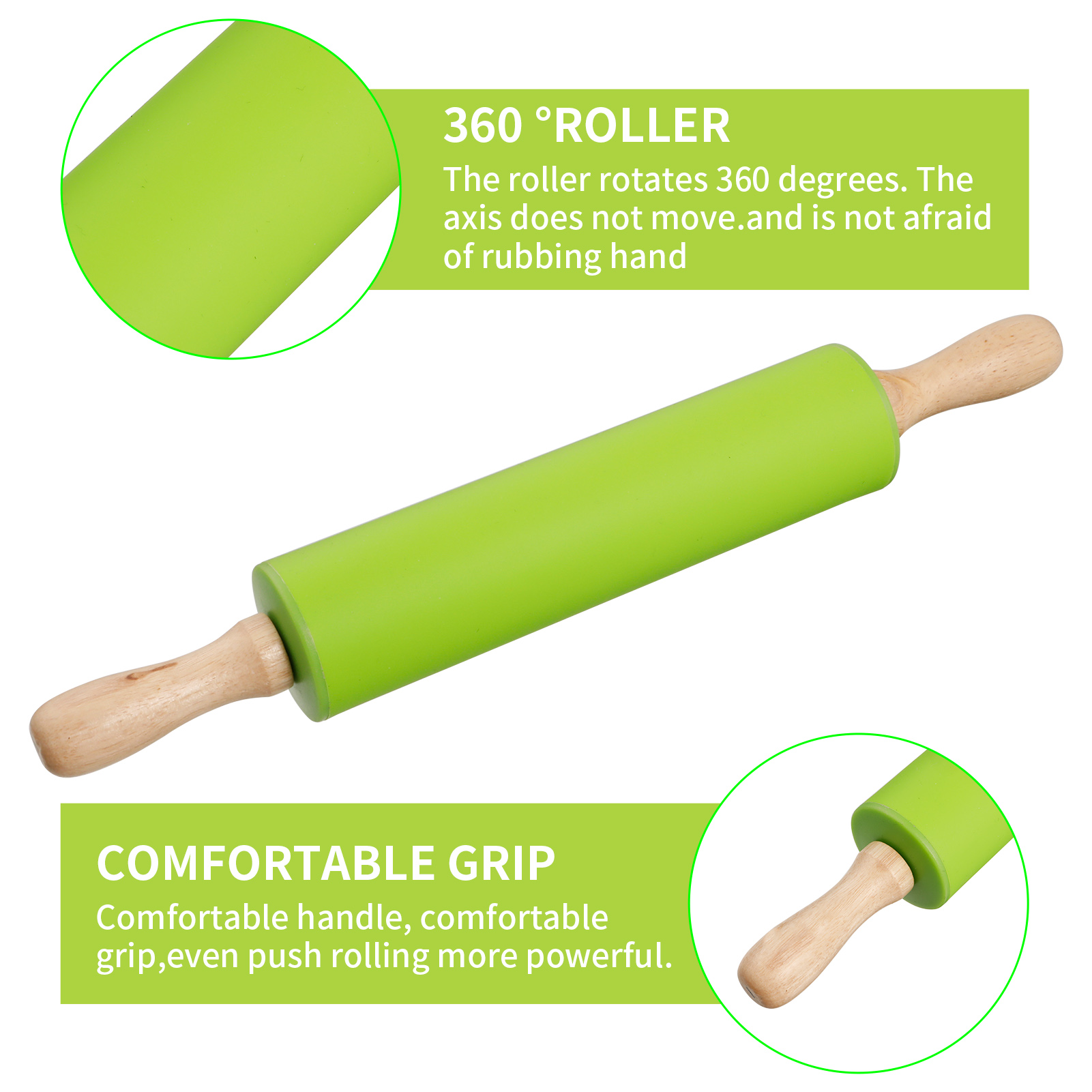Topekada 2 Pack 12/9in Non-Stick Silicone Rolling Pins for Bake,Dough Roller for Pizza,Cookie with Wooden Handle,Nonstick Surface,2 Sizes(Green/Red)