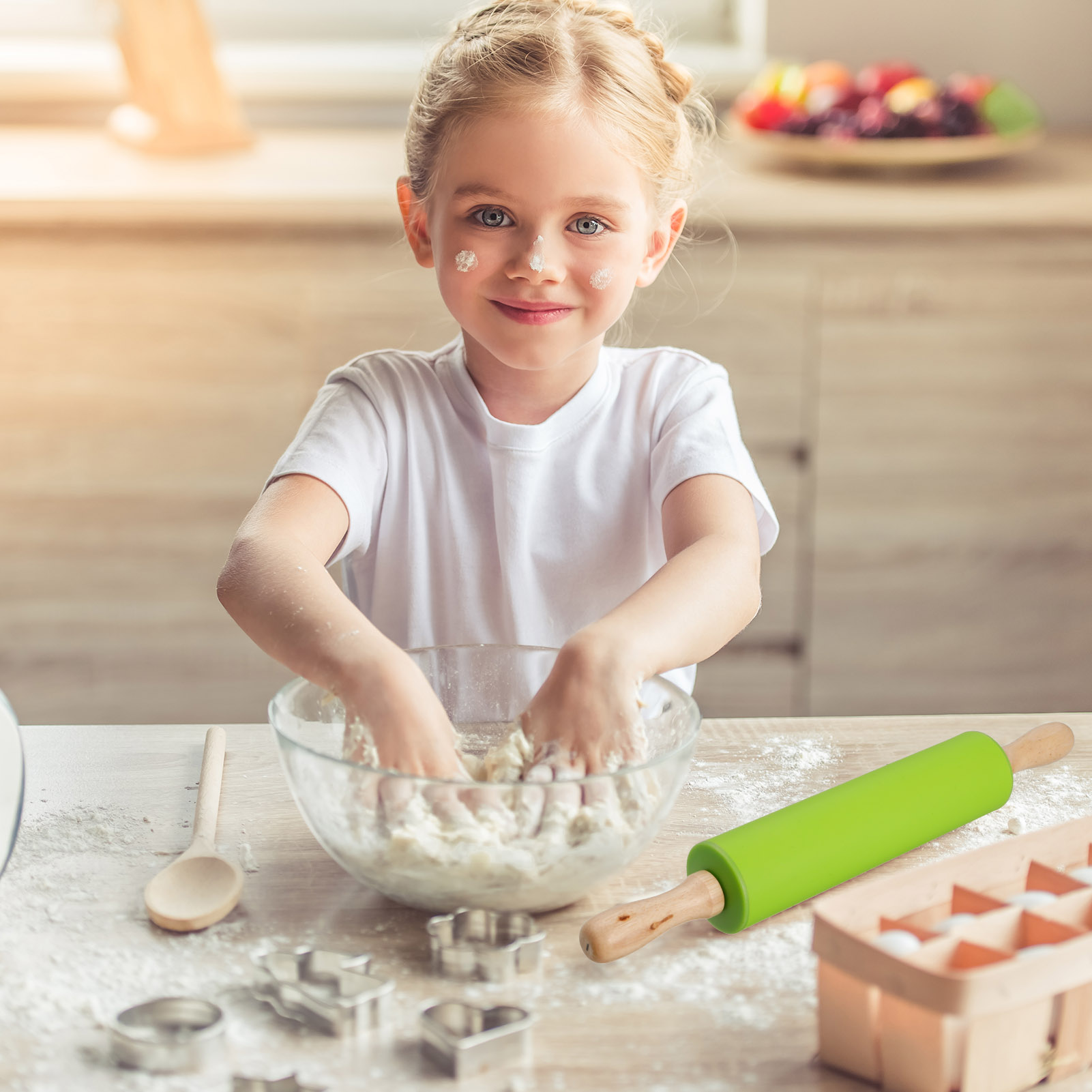 Topekada 2 Pack 12/9in Non-Stick Silicone Rolling Pins for Bake,Dough Roller for Pizza,Cookie with Wooden Handle,Nonstick Surface,2 Sizes(Green/Red)