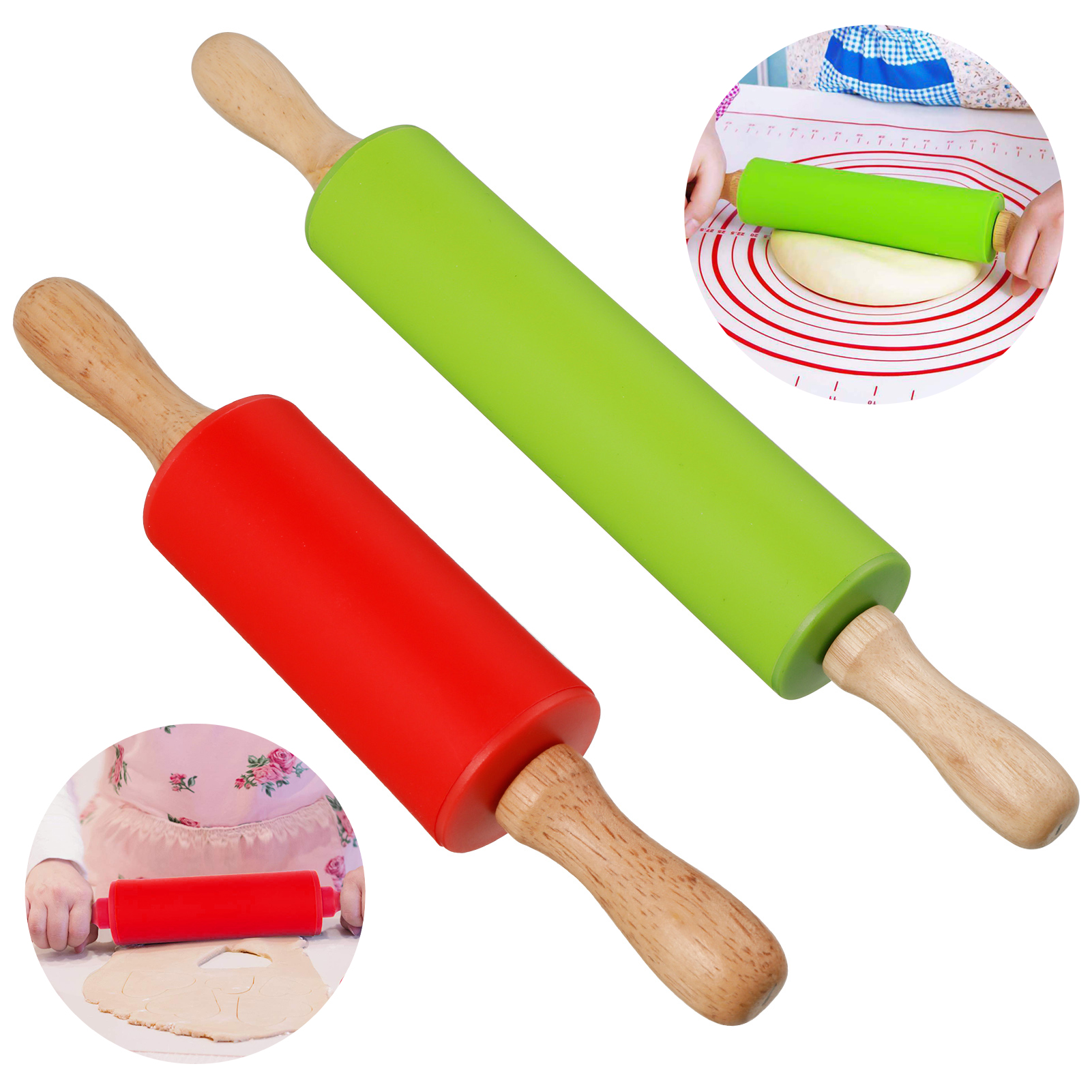 Topekada 2 Pack 12/9in Non-Stick Silicone Rolling Pins for Bake,Dough Roller for Pizza,Cookie with Wooden Handle,Nonstick Surface,2 Sizes(Green/Red)