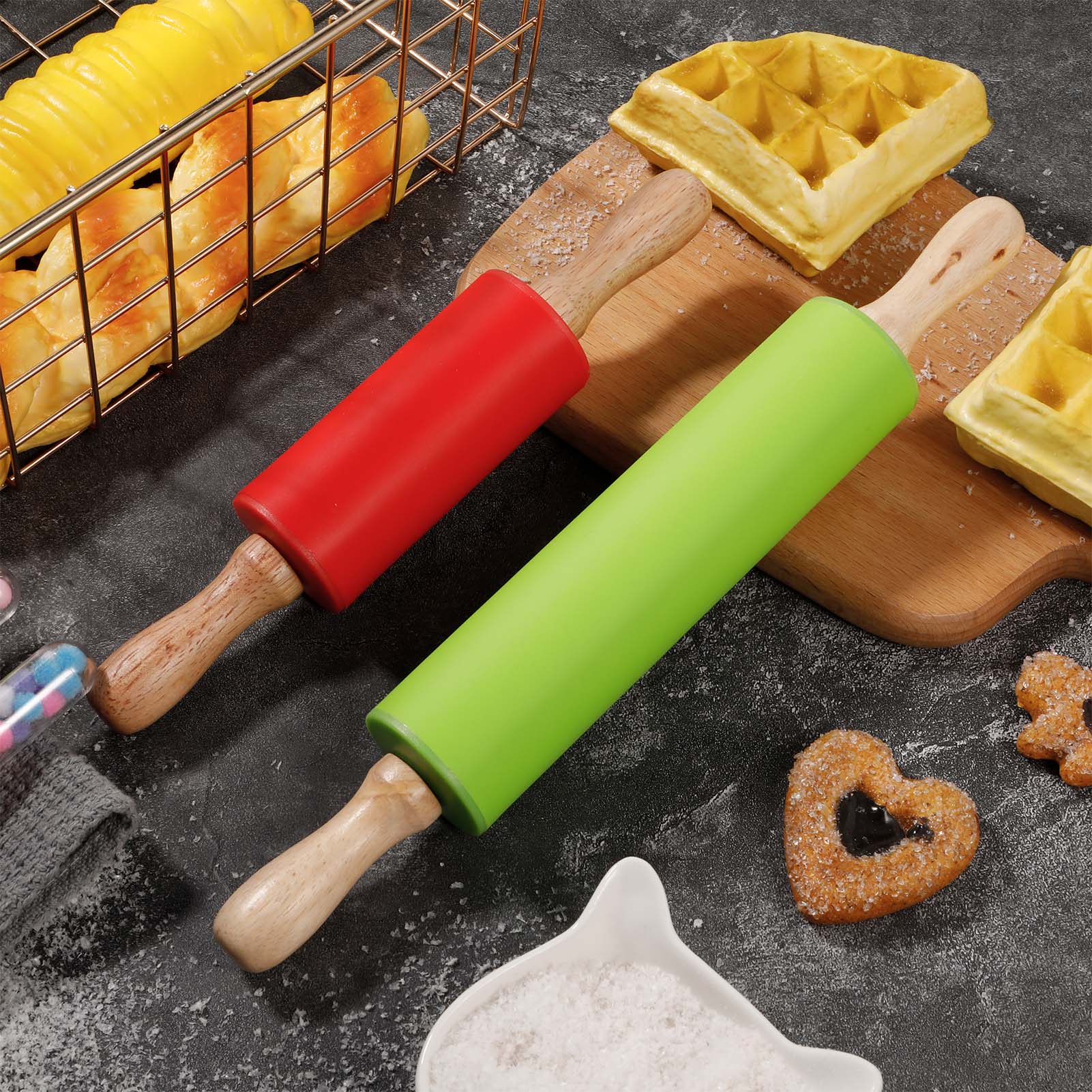 Topekada 2 Pack 12/9in Non-Stick Silicone Rolling Pins for Bake,Dough Roller for Pizza,Cookie with Wooden Handle,Nonstick Surface,2 Sizes(Green/Red)