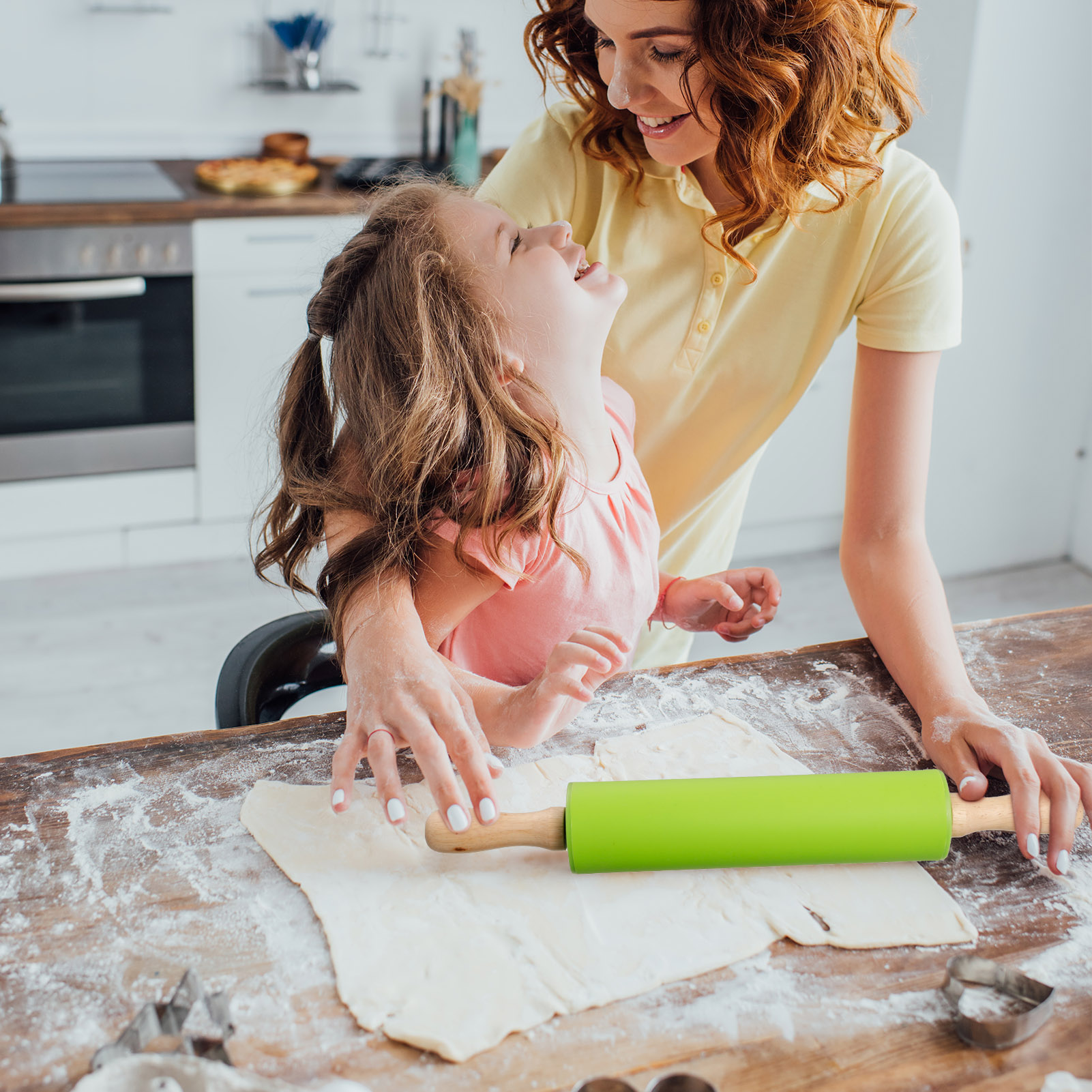 Topekada 2 Pack 12/9in Non-Stick Silicone Rolling Pins for Bake,Dough Roller for Pizza,Cookie with Wooden Handle,Nonstick Surface,2 Sizes(Green/Red)