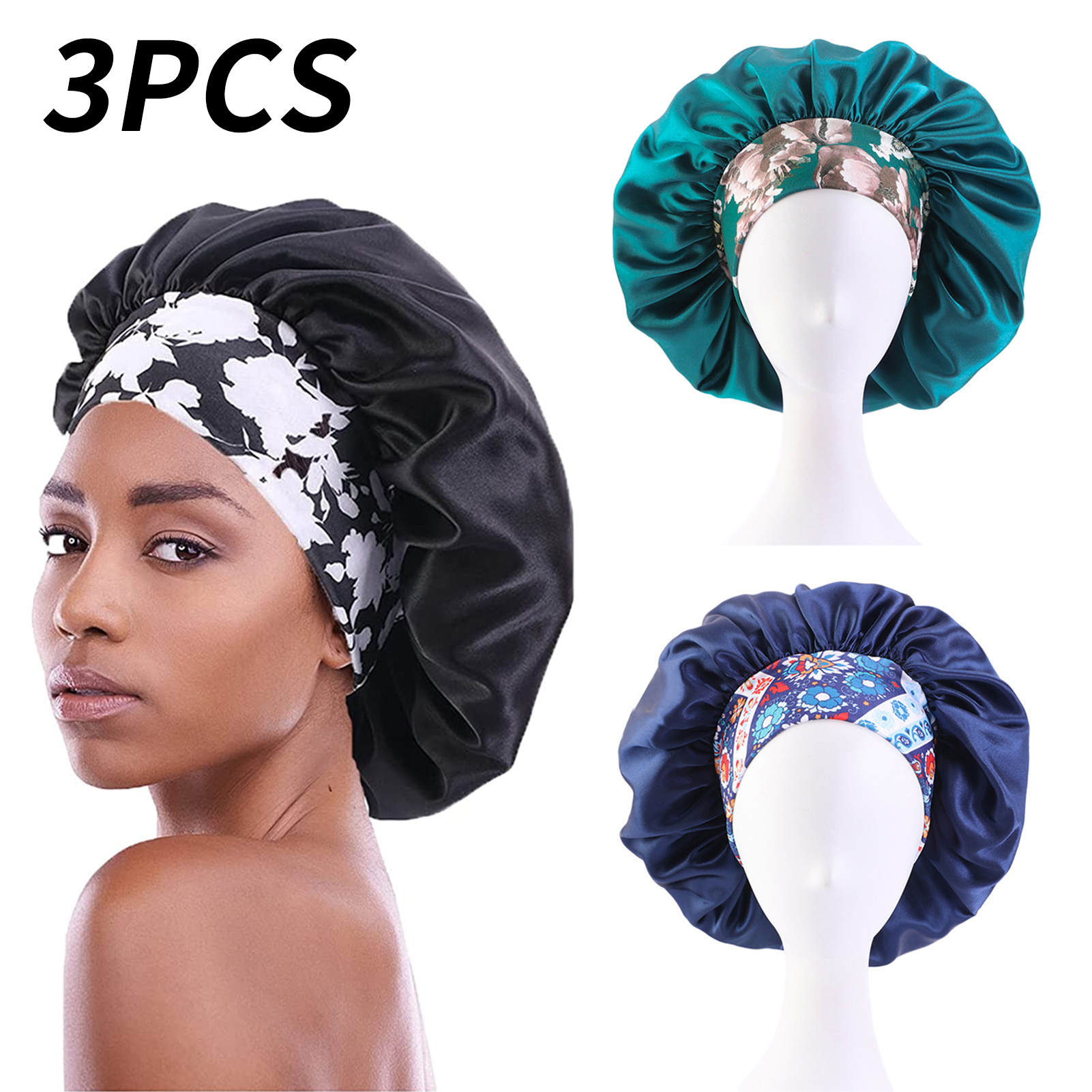Abaima 3 Pcs Satin Hair Bonnet For Sleeping, Sleeping Bonnet With Printed Wide Headbands Red Black Blue Satin Caps For Women Large Bonnet Hairwrap Slumber Caps