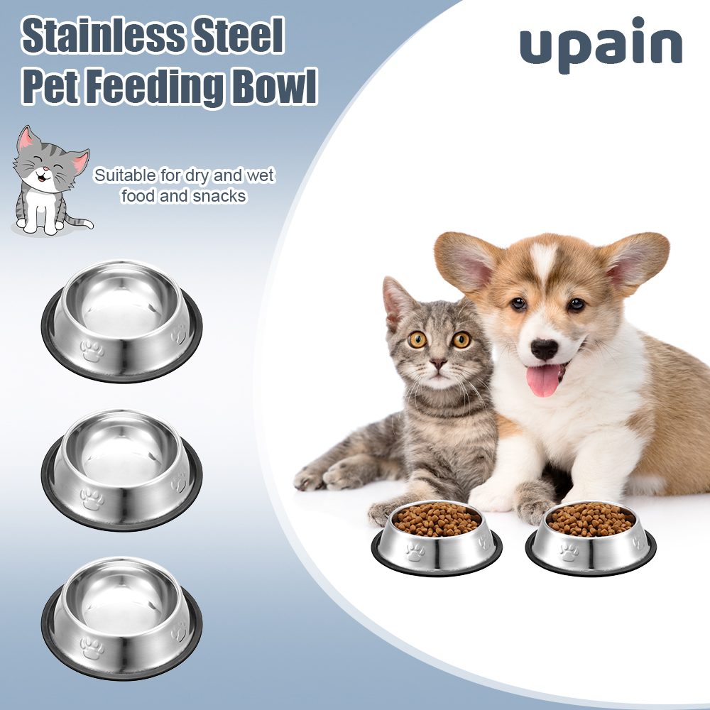 Abaima 3 Pack Stainless Steel Cat Food Bowls, Non Slip Cat Water Bowls, Metal Medium Pet Food Bowls, Non Skid Cute Bowls with Rubber Bottom for Cats