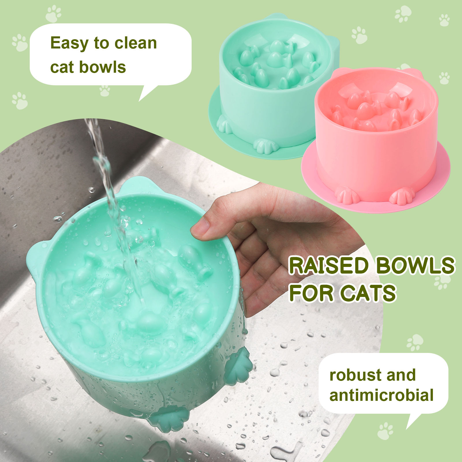 Abaima 2 Pcs Slow Feeder Cat Bowls with 2 Pack Non-slip Mat, Anti Choking Elevated Food and Water Bowls, Plastic Tilted Cat Food Bowls, Backflow Prevention, Suitable for Small Pets