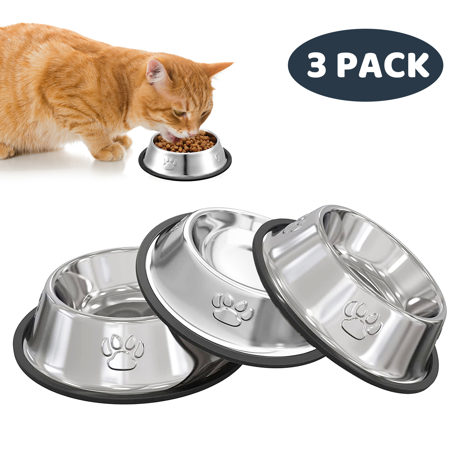 Abaima 3 Pack Stainless Steel Cat Food Bowls, Non Slip Cat Water Bowls, Metal Medium Pet Food Bowls, Non Skid Cute Bowls with Rubber Bottom for Cats