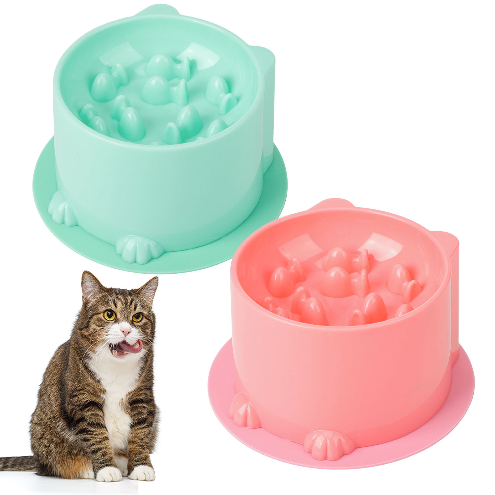 Abaima 2 Pcs Slow Feeder Cat Bowls with 2 Pack Non-slip Mat, Anti Choking Elevated Food and Water Bowls, Plastic Tilted Cat Food Bowls, Backflow Prevention, Suitable for Small Pets