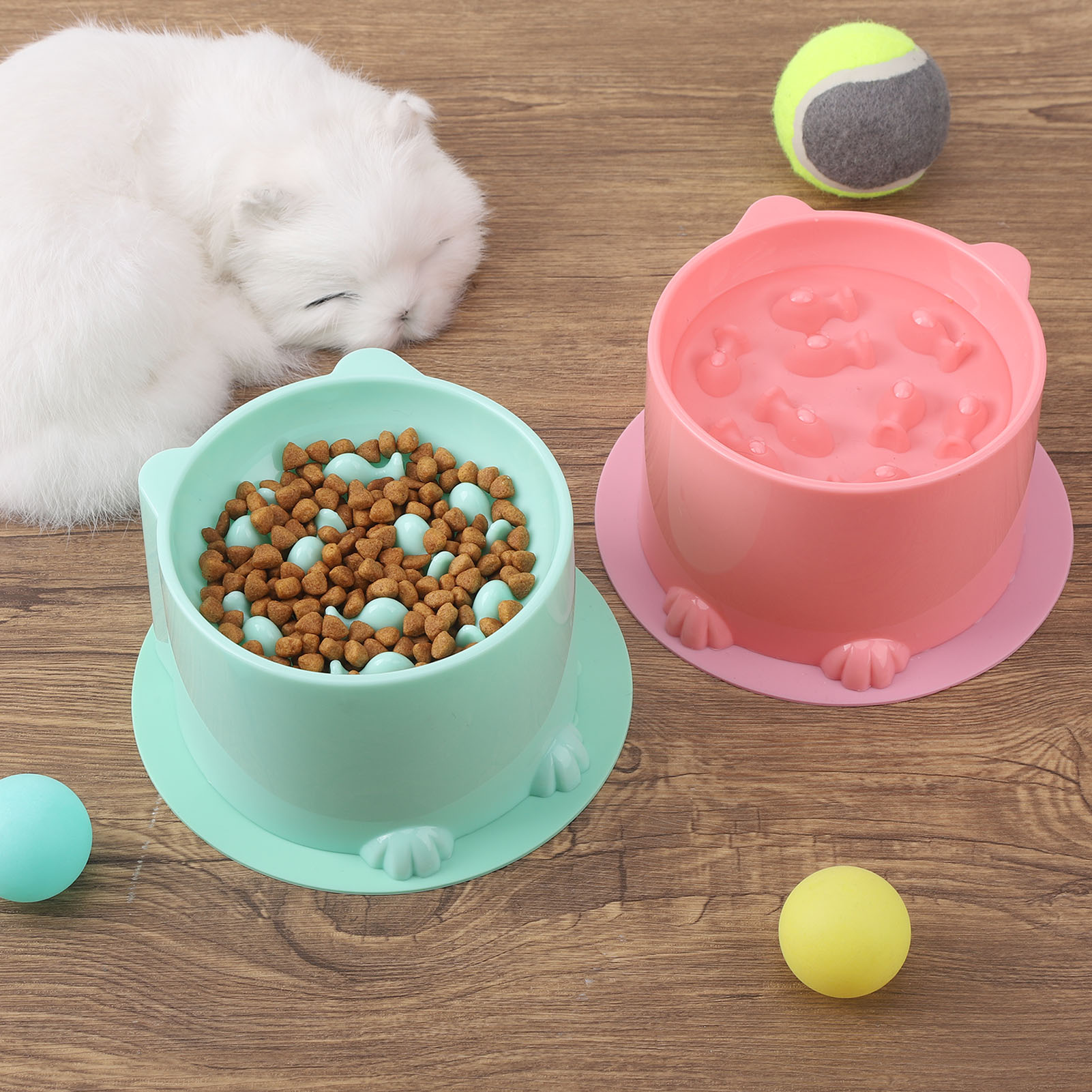 Abaima 2 Pcs Slow Feeder Cat Bowls with 2 Pack Non-slip Mat, Anti Choking Elevated Food and Water Bowls, Plastic Tilted Cat Food Bowls, Backflow Prevention, Suitable for Small Pets