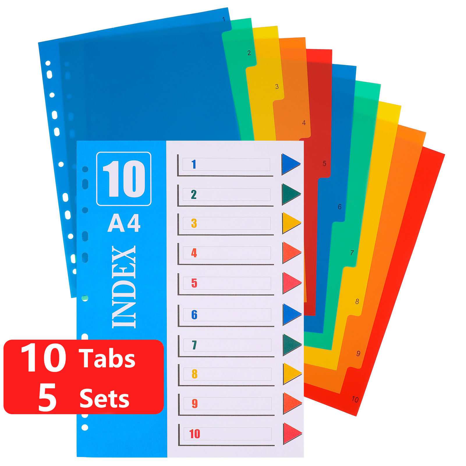 sixwipe 5 Sets 10 Tabs Binder Dividers for 3 Ring Binders, File Notebook Dividers with 11 Pre-punched Holes, Plastic 10 Tab Dividers for School Supplies and Office Workers