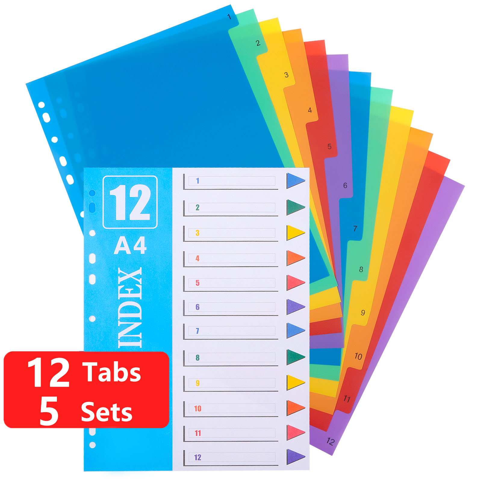 sixwipe 5 Sets 12 Tabs Binder Dividers for 3 Ring Binders, 12 Tabs File Notebook Dividers with 11 Pre-punched Holes, Plastic 12 Tabs Dividers for School Supplies and Office Workers