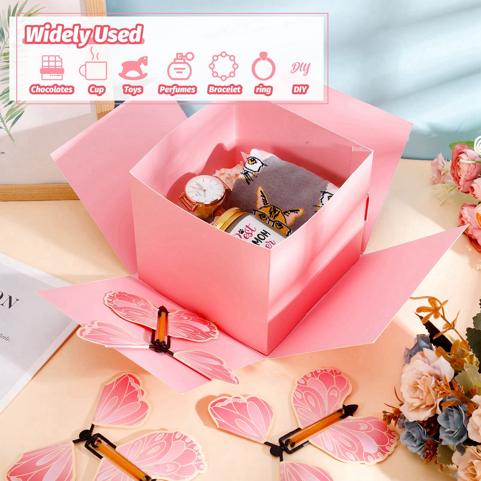 Armscye Butterfly Explosion Gift Box, DIY Flying Butterfly Surprise Box with Flying Butterfly Toy, Blank Card and Raffia, Exploding Birthday Box for Birthday, Wedding, Anniversaries