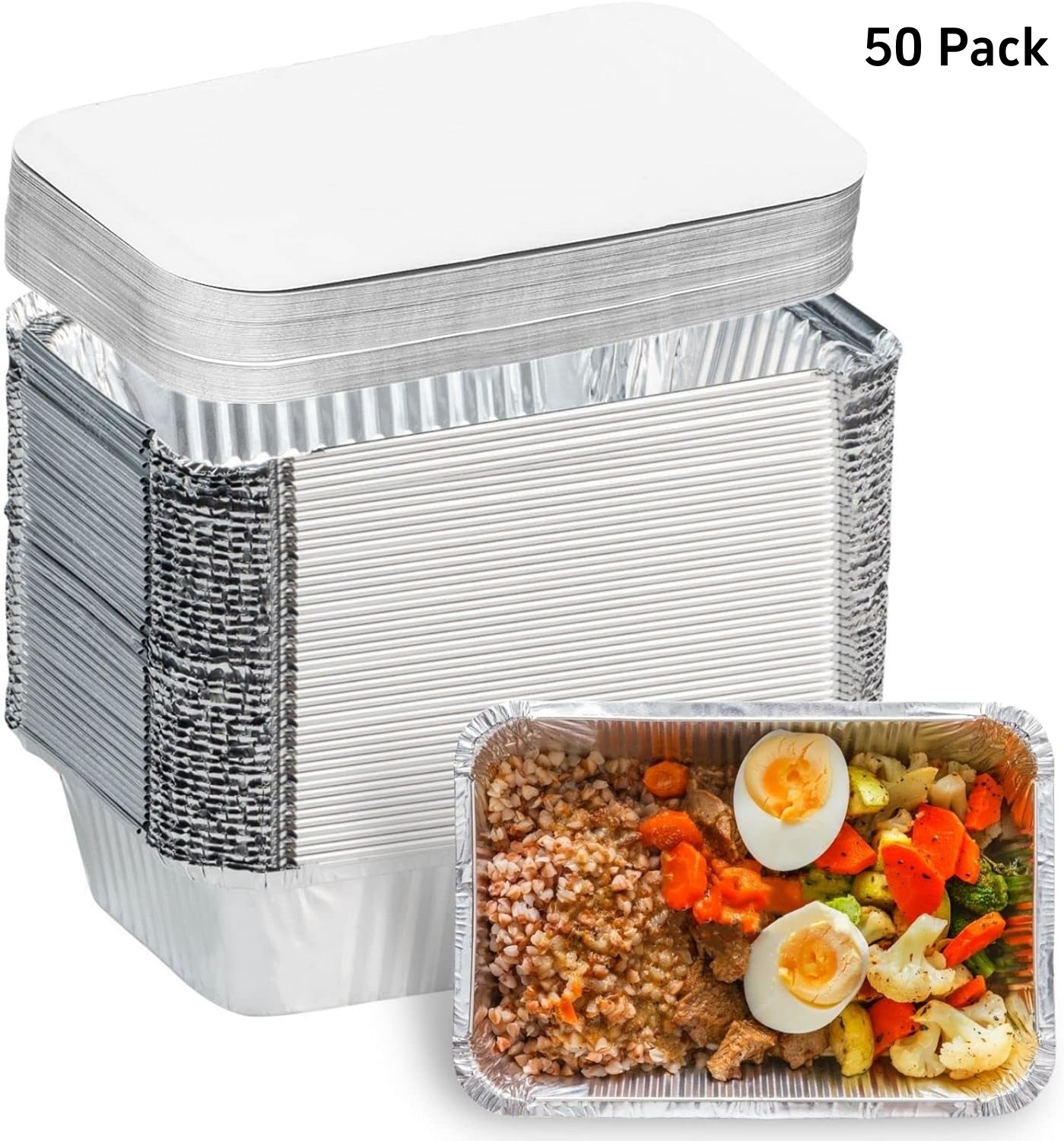 Armscye 50 Pack 2.25Lb Disposable Aluminum Cardboard Pans, Foil Containers with Cardboard Lids, Aluminum Foil Carry Out Containers with Strong Seal Edge