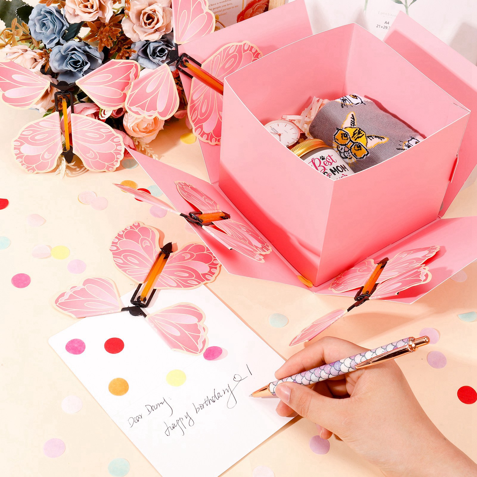Armscye Butterfly Explosion Gift Box, DIY Flying Butterfly Surprise Box with Flying Butterfly Toy, Blank Card and Raffia, Exploding Birthday Box for Birthday, Wedding, Anniversaries