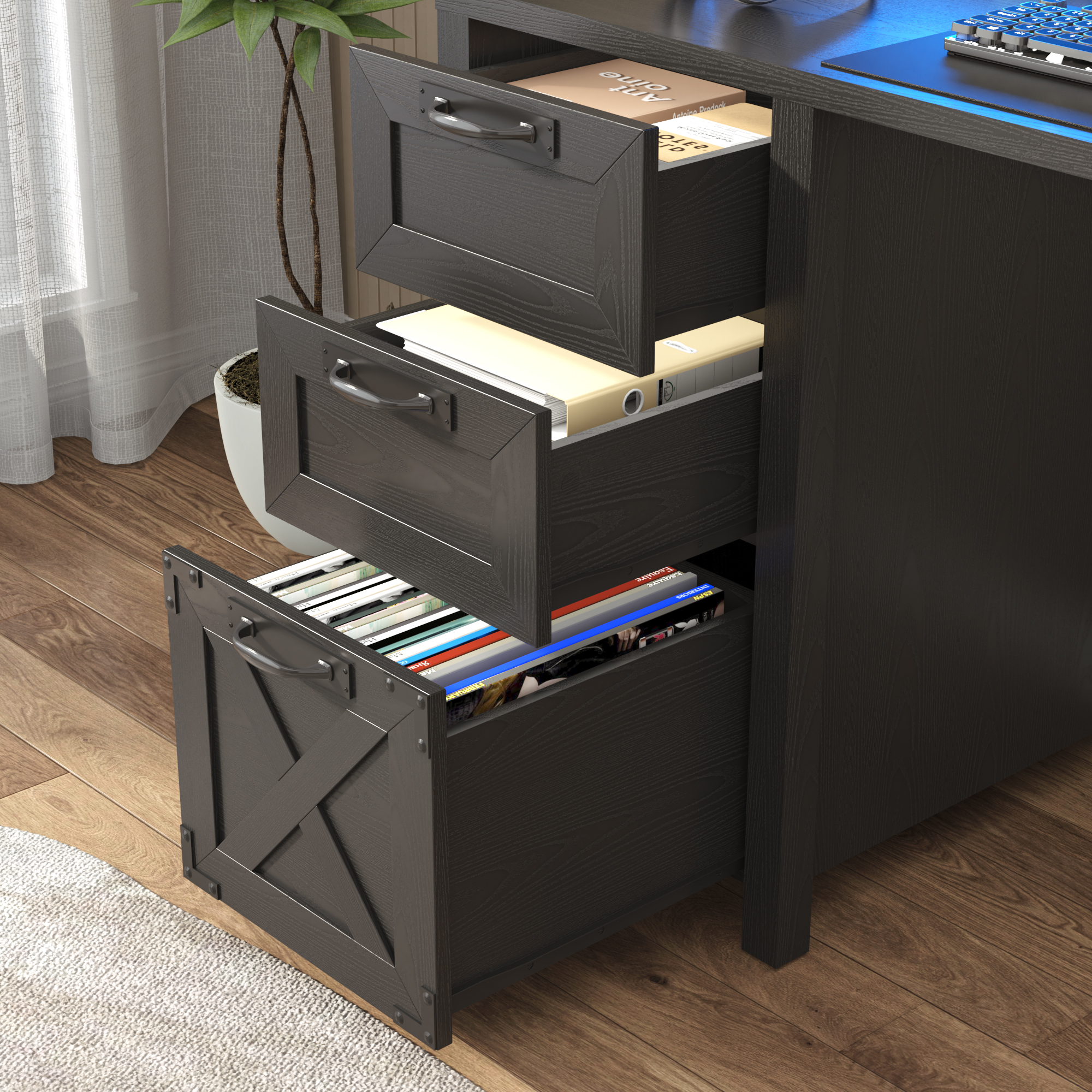 Blotout 59" LED Computer Desk with Power Outlets, Reversible Farmhouse Desk with Monitor Stand, Executive Desk with Drawers, Rustic Office Desk, Wood Desk for Office Home