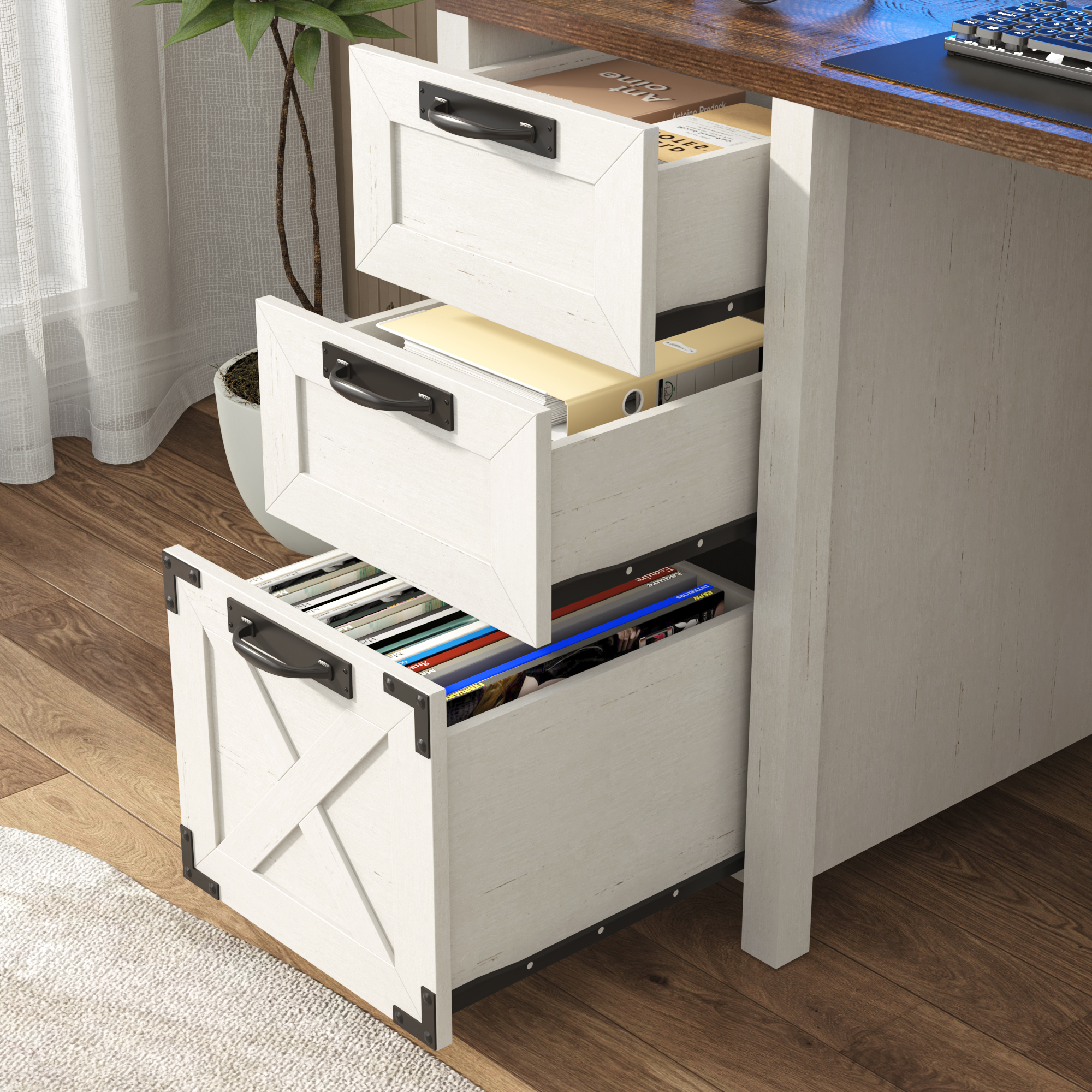 Blotout 59" LED Computer Desk with Power Outlets, Reversible Farmhouse Desk with Monitor Stand, Executive Desk with Drawers, Rustic Office Desk, Wood Desk for Office Home