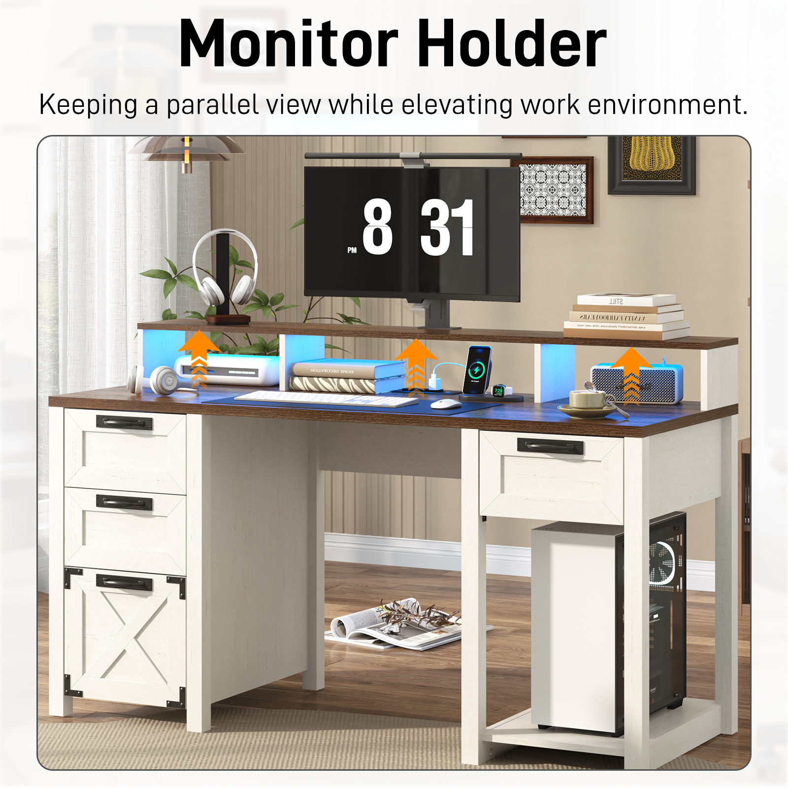 Blotout 59" LED Computer Desk with Power Outlets, Reversible Farmhouse Desk with Monitor Stand, Executive Desk with Drawers, Rustic Office Desk, Wood Desk for Office Home