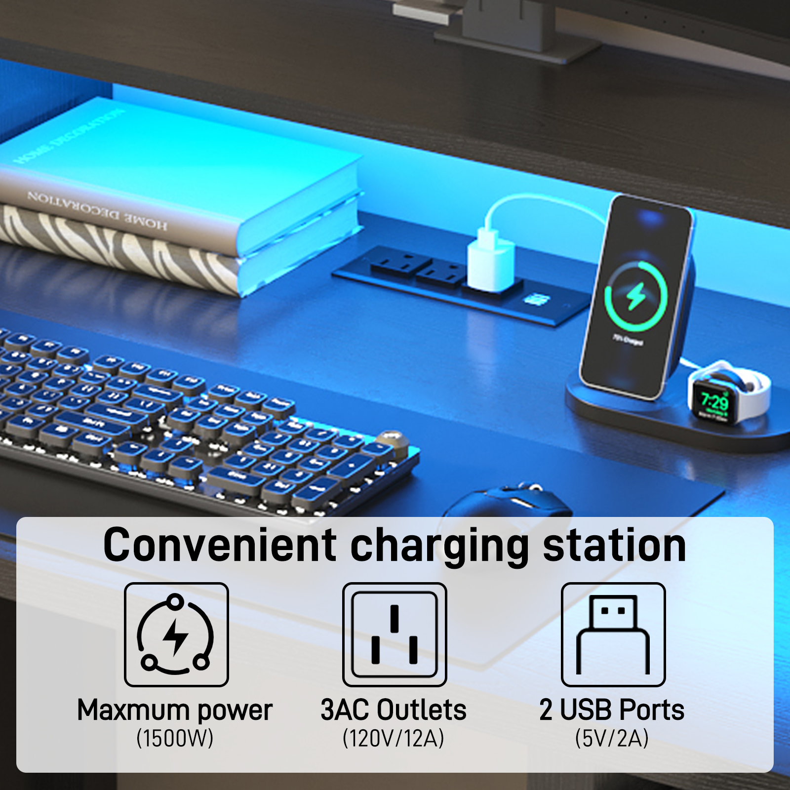Blotout 59" LED Computer Desk with Power Outlets, Reversible Farmhouse Desk with Monitor Stand, Executive Desk with Drawers, Rustic Office Desk, Wood Desk for Office Home