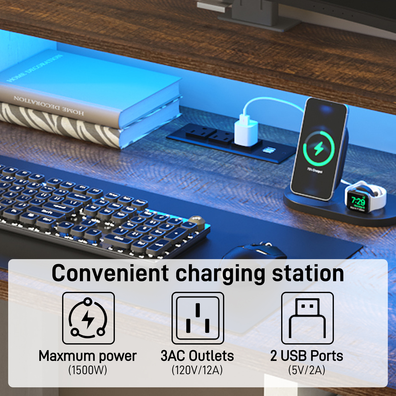 Blotout 59" LED Computer Desk with Power Outlets, Reversible Farmhouse Desk with Monitor Stand, Executive Desk with Drawers, Rustic Office Desk, Wood Desk for Office Home