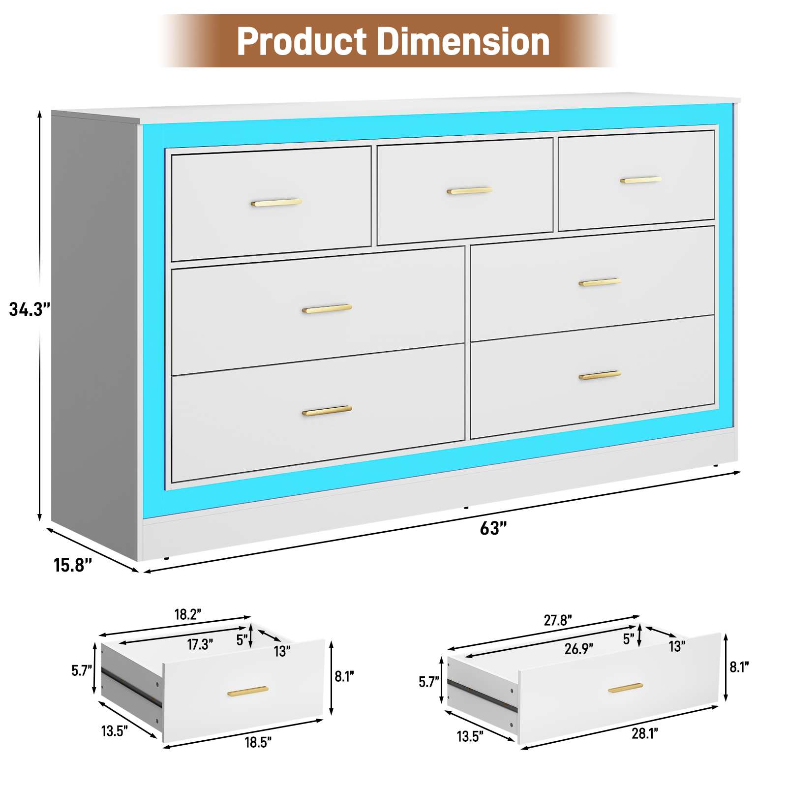 White Dresser for Bedroom, 63" Wood 7 Drawer Dresser with LED Light, Long Dressers & Chests of Drawers with Deep Drawers, 34" Tall Storage Cabinet for Bedroom, Living Room, Hallway