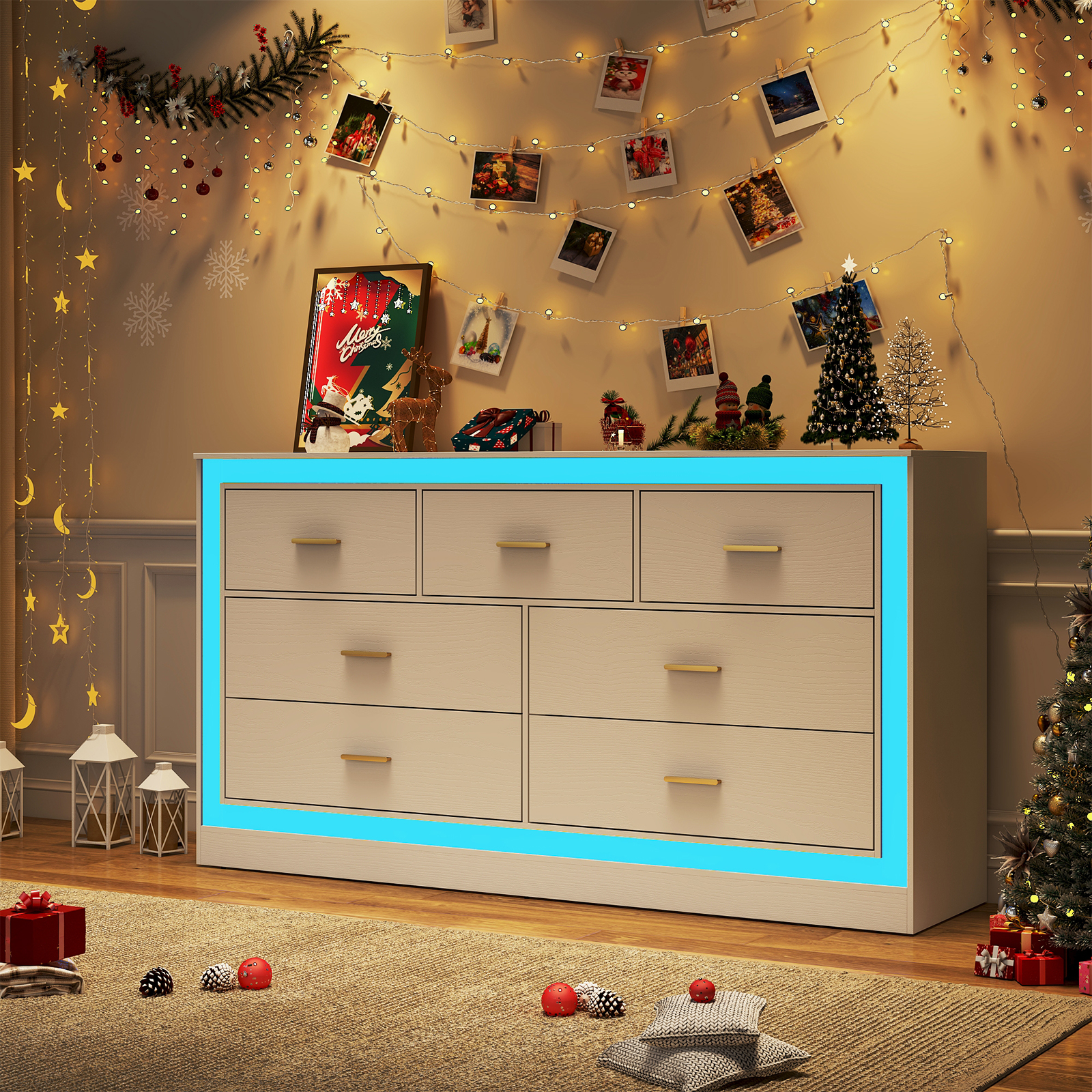 White Dresser for Bedroom, 63" Wood 7 Drawer Dresser with LED Light, Long Dressers & Chests of Drawers with Deep Drawers, 34" Tall Storage Cabinet for Bedroom, Living Room, Hallway