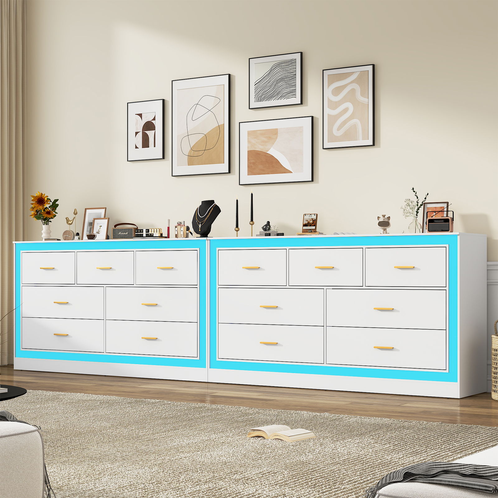 White Dresser for Bedroom, 63" Wood 7 Drawer Dresser with LED Light, Long Dressers & Chests of Drawers with Deep Drawers, 34" Tall Storage Cabinet for Bedroom, Living Room, Hallway