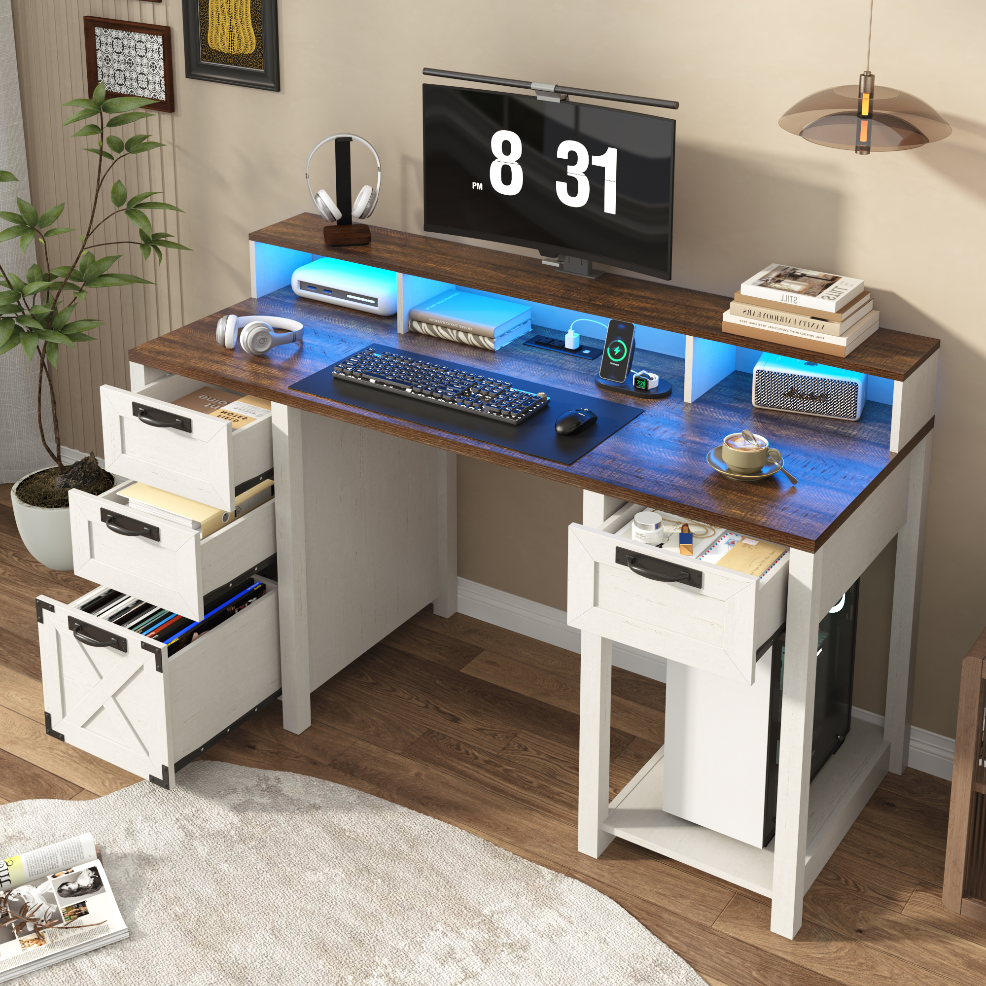 Blotout 59" LED Computer Desk with Power Outlets, Reversible Farmhouse Desk with Monitor Stand, Executive Desk with Drawers, Rustic Office Desk, Wood Desk for Office Home