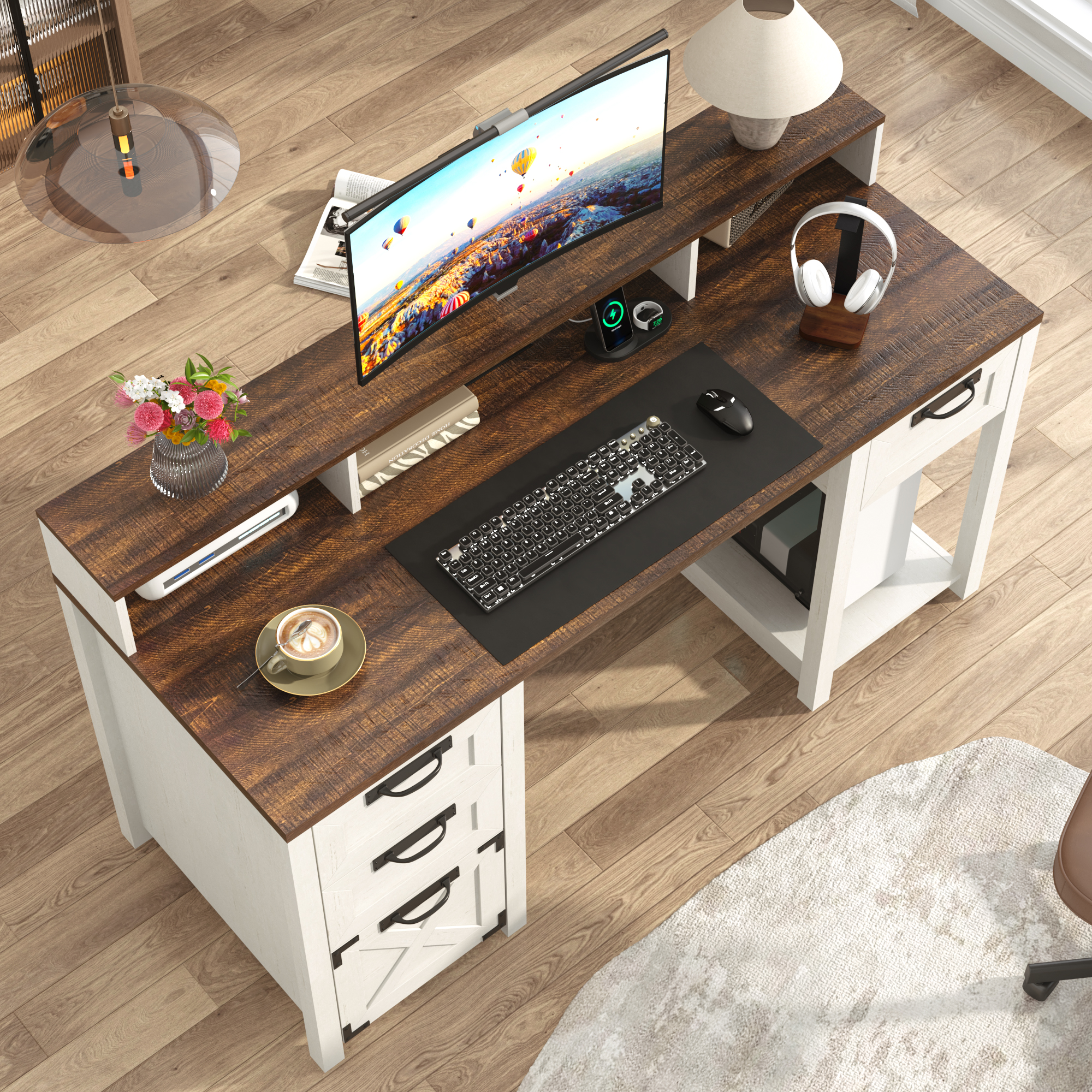 Blotout 59" LED Computer Desk with Power Outlets, Reversible Farmhouse Desk with Monitor Stand, Executive Desk with Drawers, Rustic Office Desk, Wood Desk for Office Home
